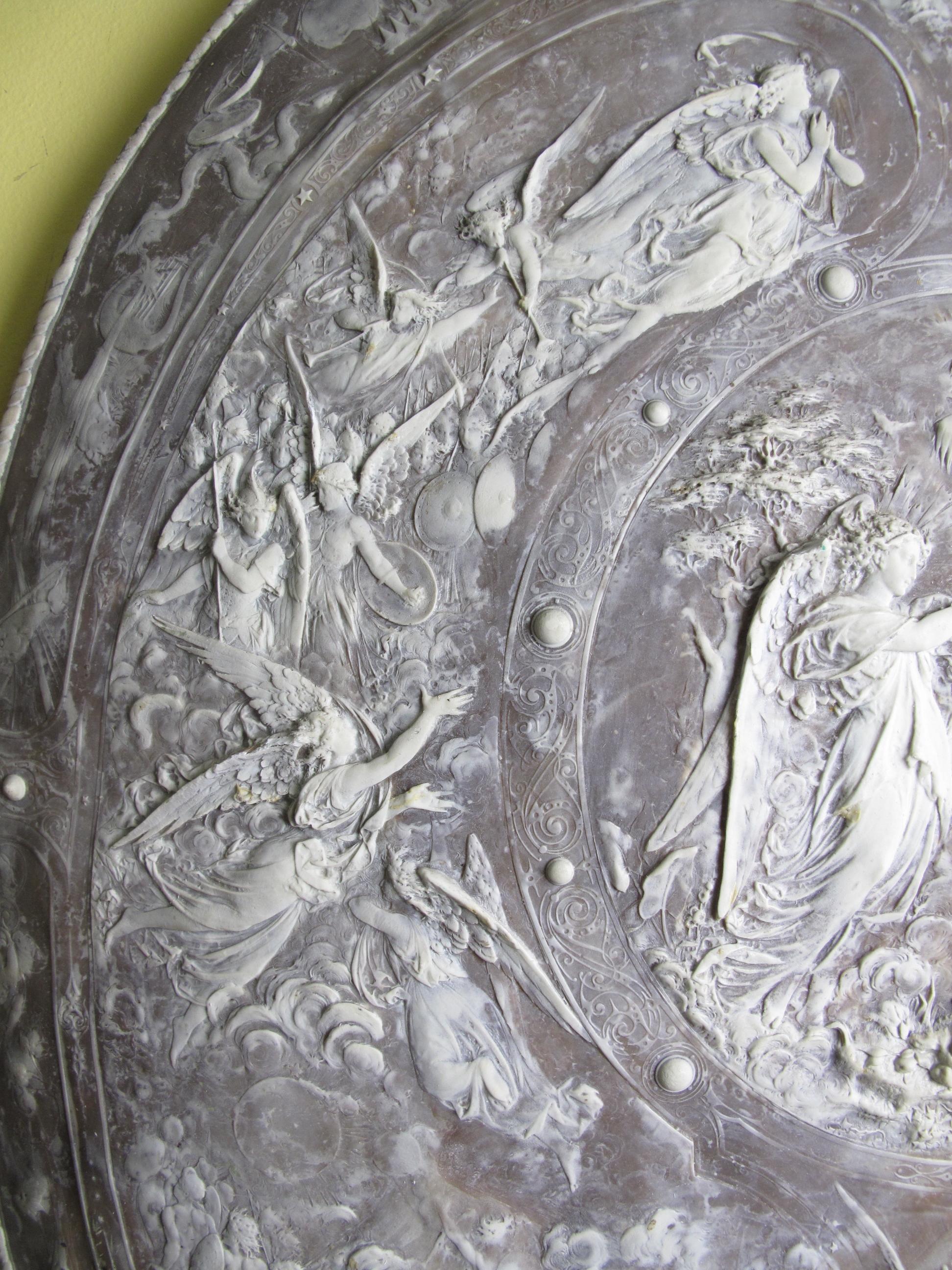 Cast Stone Vintage Milton Shield in Composition Agate, Scenes of the War in Heaven For Sale