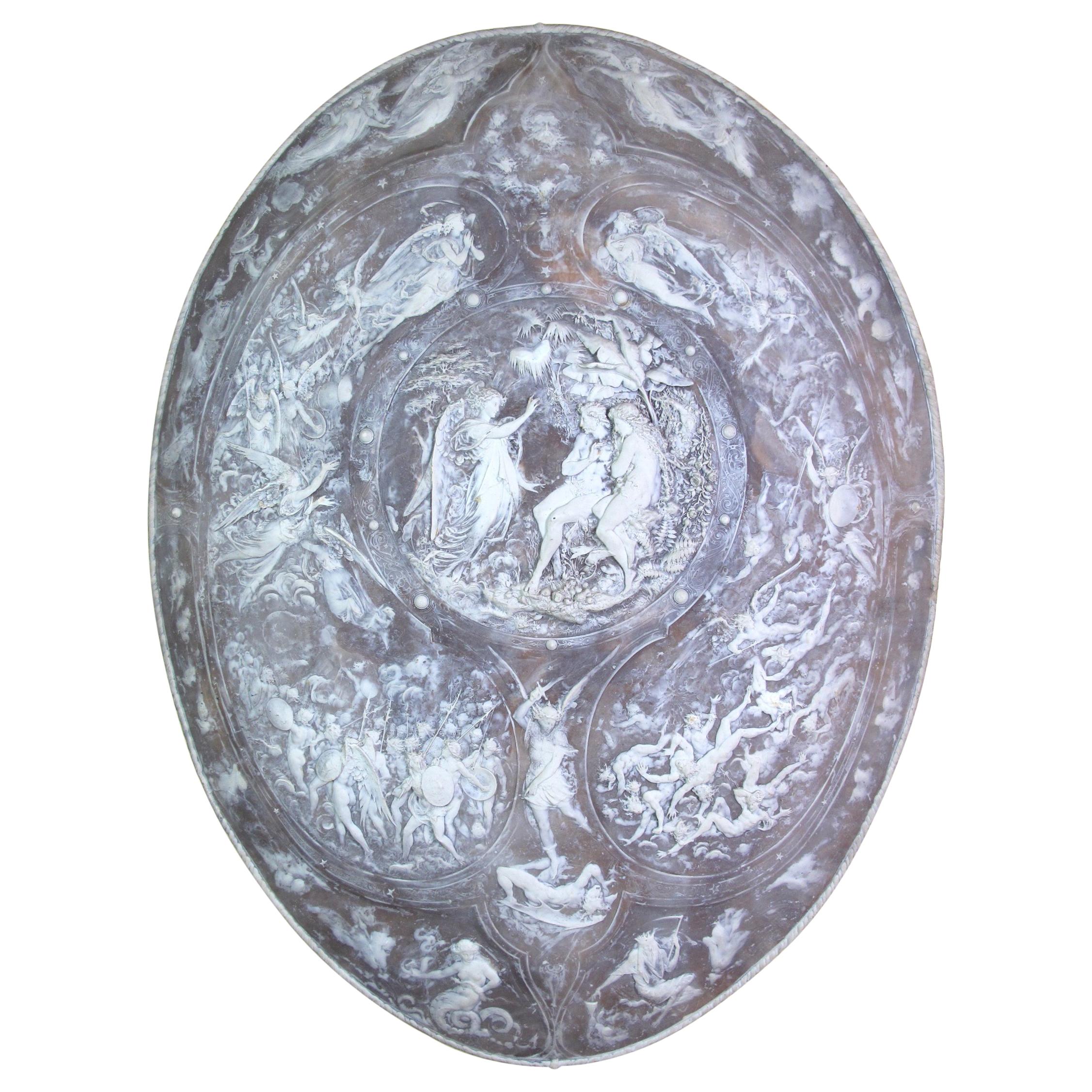 Vintage Milton Shield in Composition Agate, Scenes of the War in Heaven For Sale