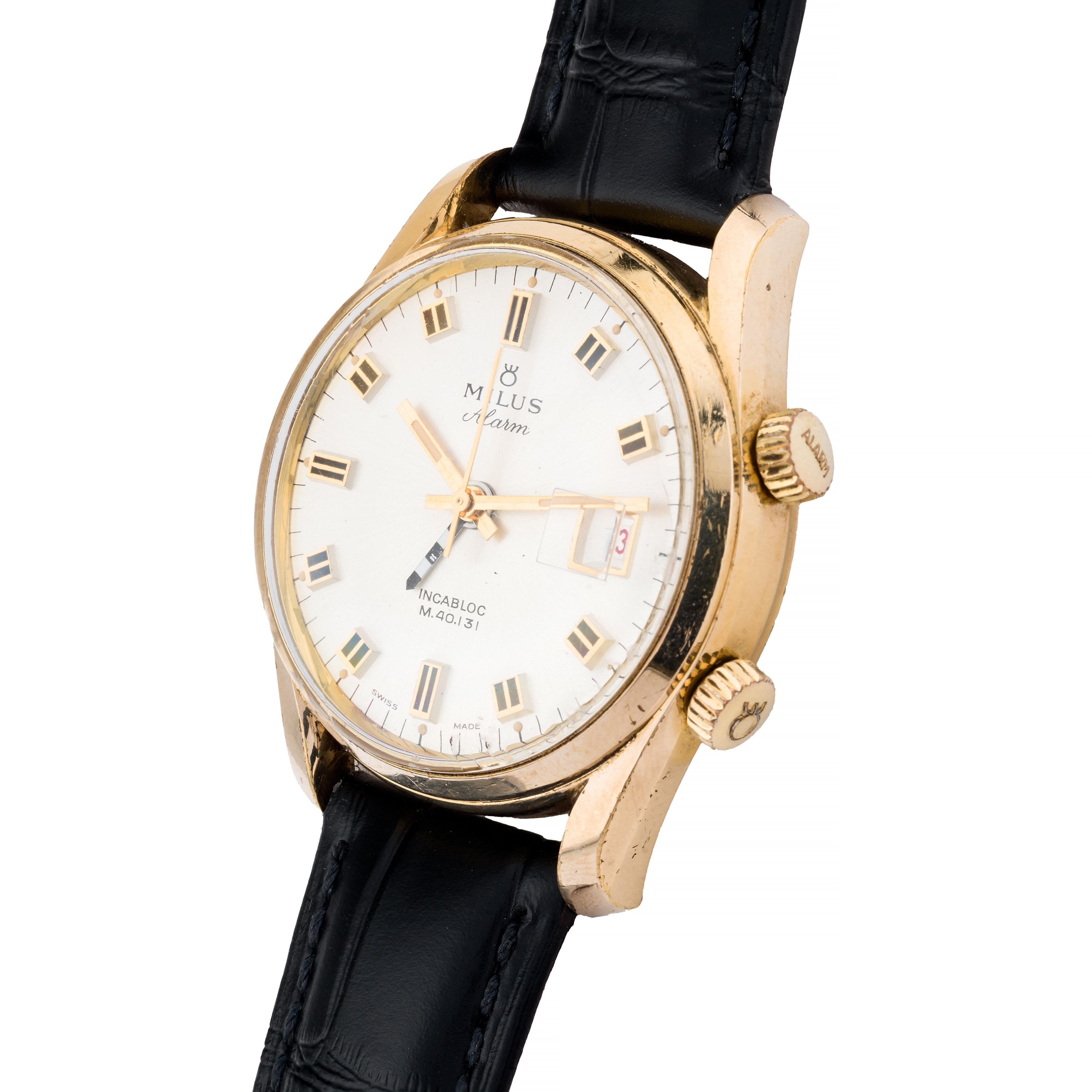 Vintage Milus Bombe Lug Alarm Wrist Watch Circa 1960's In Excellent Condition In Boston, MA