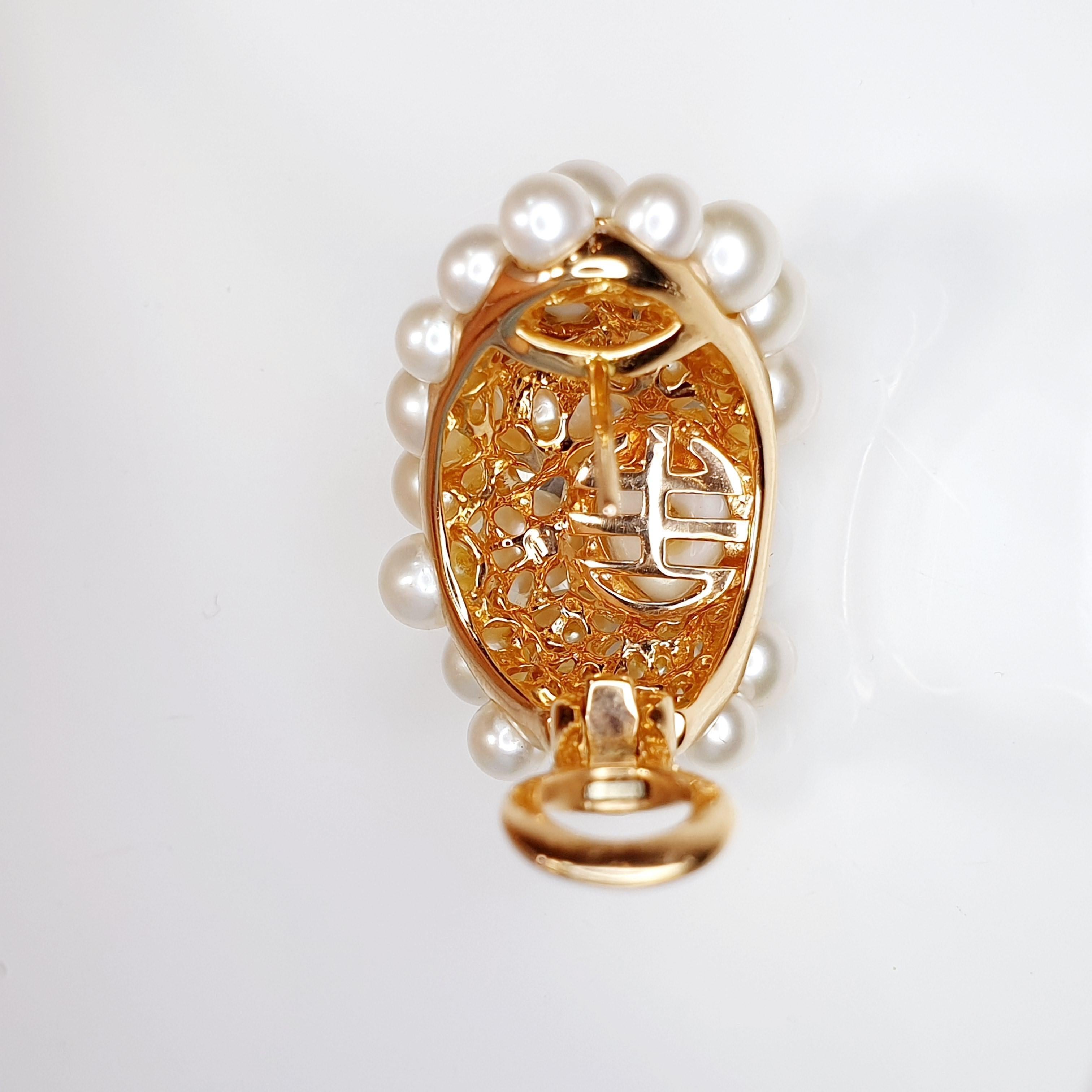 Boucles d'oreilles vintage Mimi Milano en or rose 18 carats  Fleurs d'agate, perles cultivées Pour femmes en vente