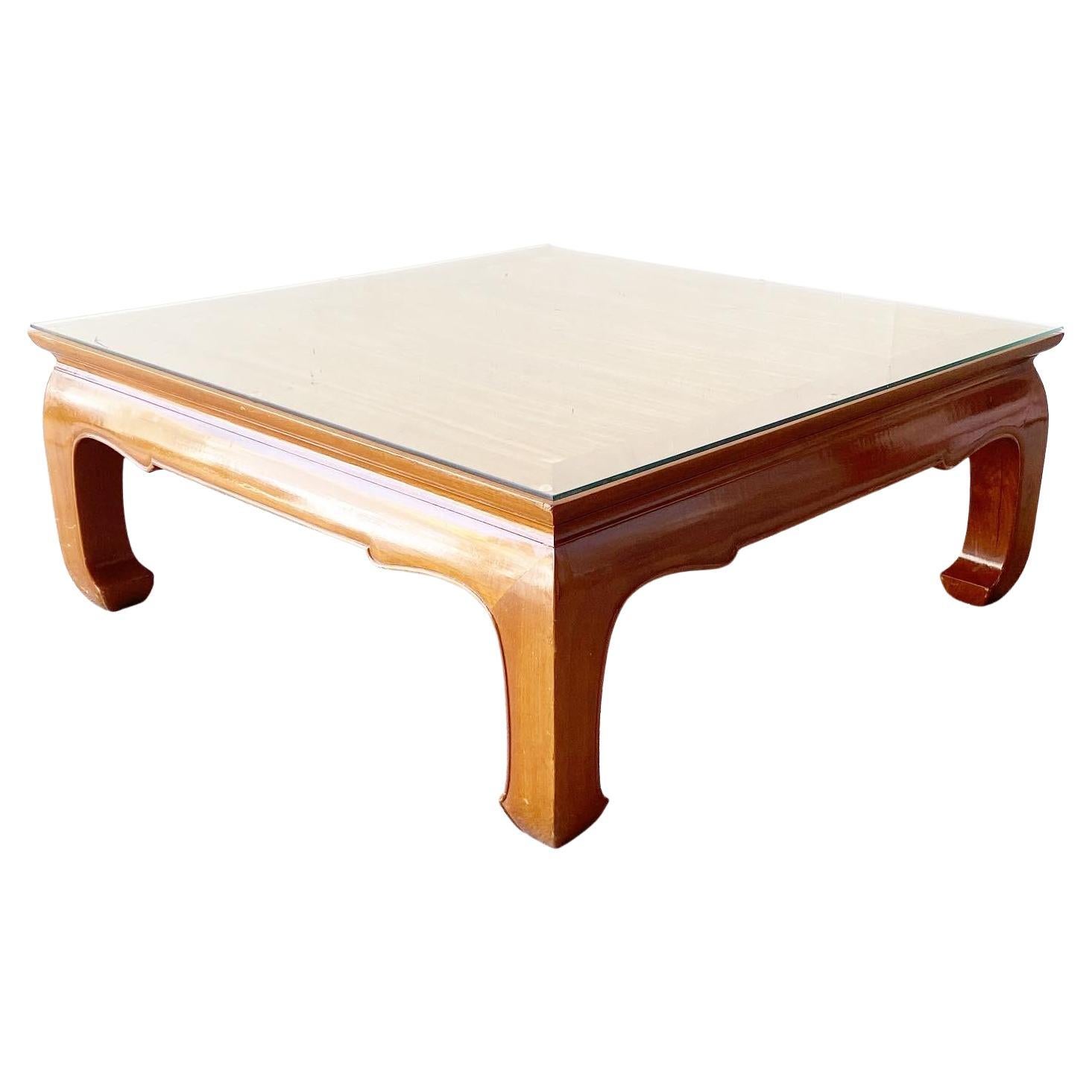 Vintage Henredon Brass Ming Cocktail Coffee Table Glass Top For Sale at