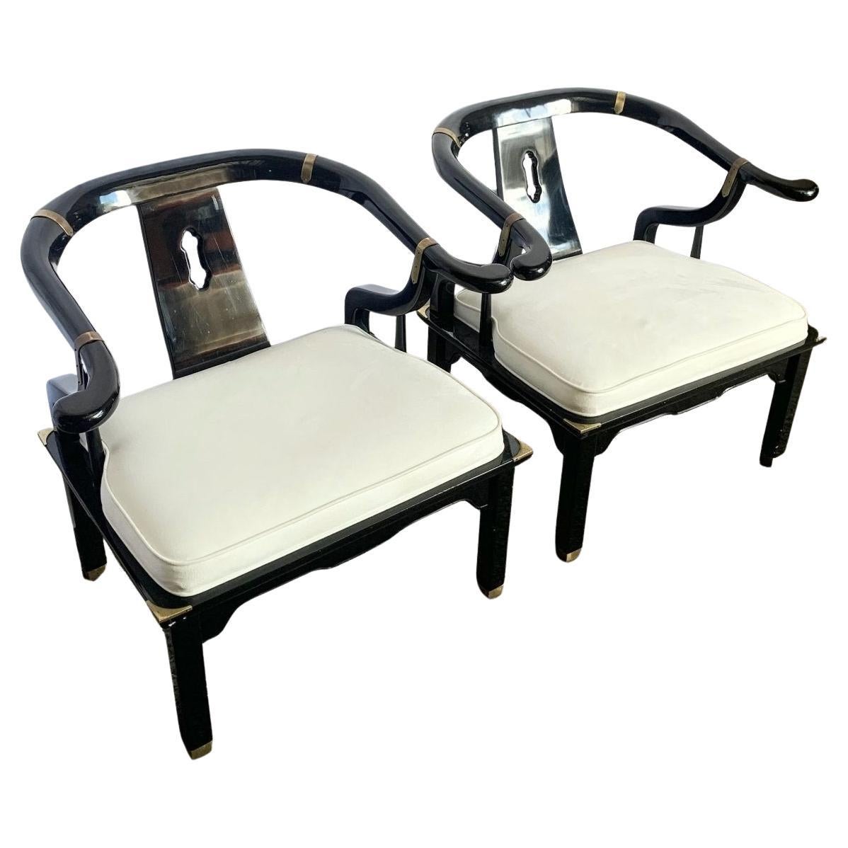 Vintage Ming Style Black Lacquered and Brass Arm Chairs - A Pair For Sale