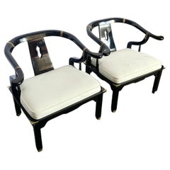 Vintage Ming Style Black Lacquered and Brass Arm Chairs - A Pair