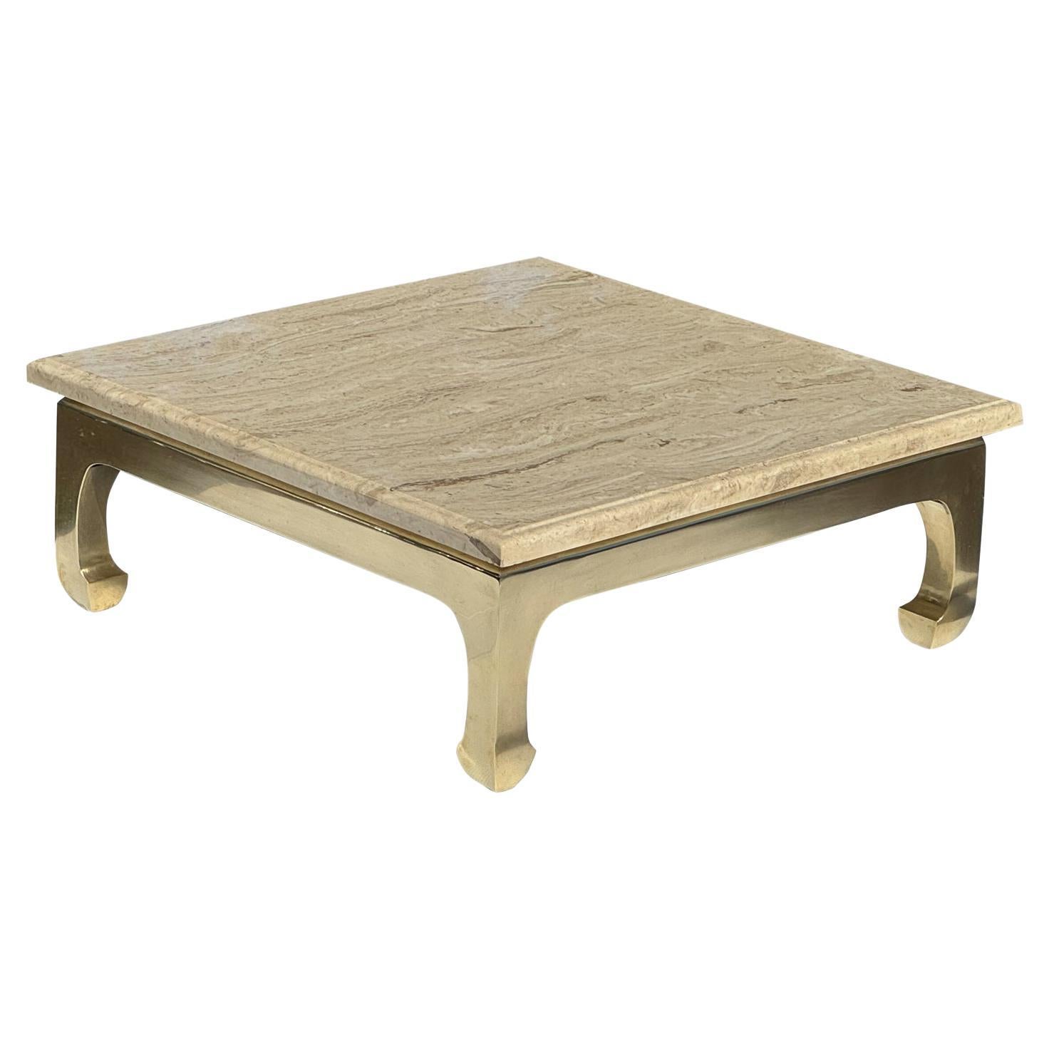 Vintage Ming Style Brass & Stone Square Cocktail Tables
