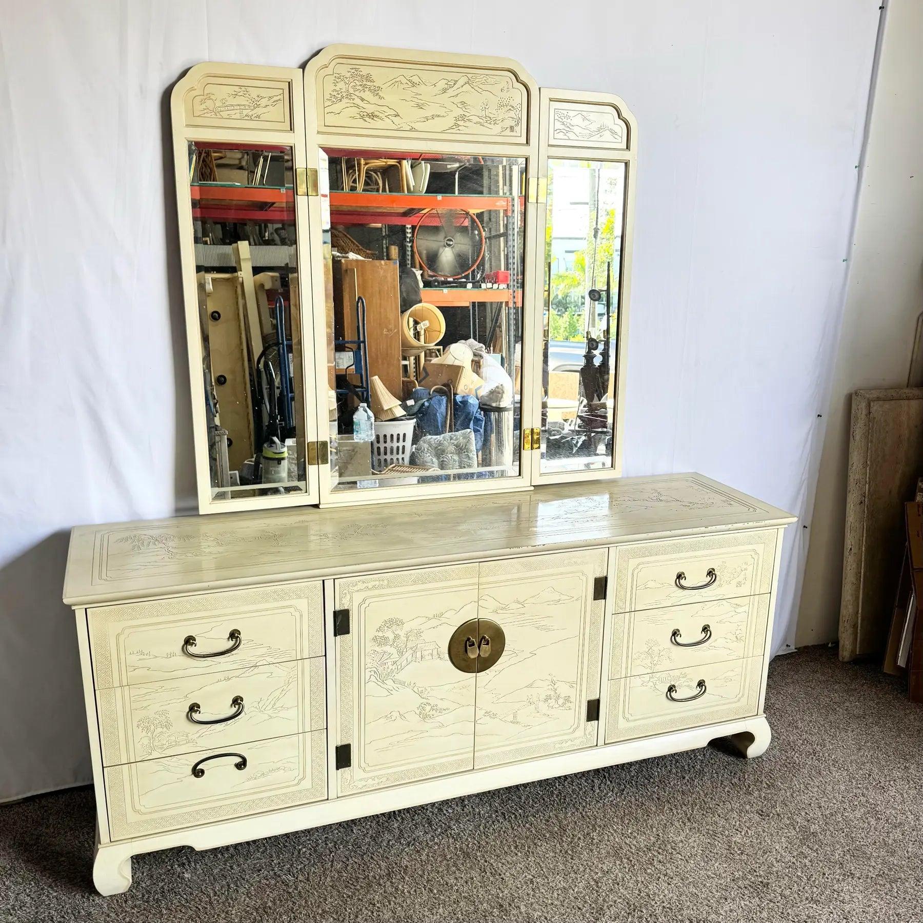 Wood Vintage Ming Style Connoisseur Dresser With Folding Mirror by Drexel Heritage For Sale