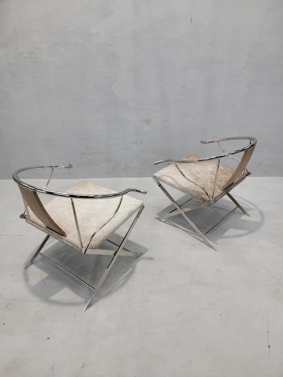 Mid-Century Modern Vintage Ming Style Horseshoe Back Armchairs Newly Upholstered in Cowhide- Pair
