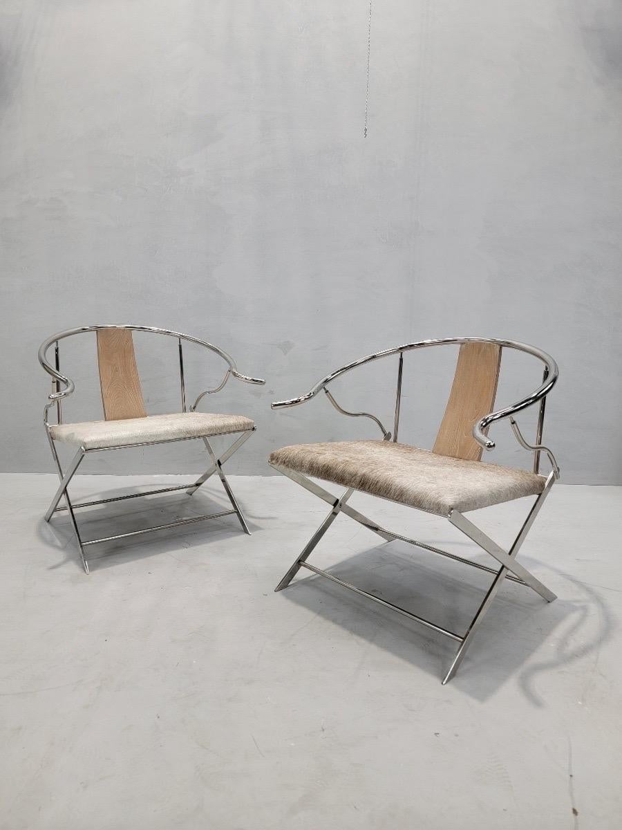 American Vintage Ming Style Horseshoe Back Armchairs Newly Upholstered in Cowhide- Pair