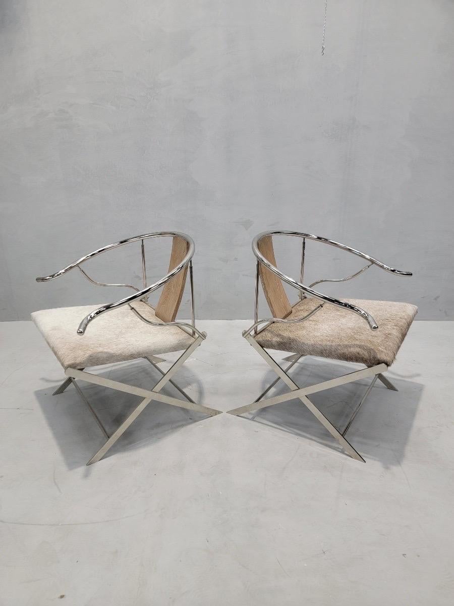 Vintage Ming Style Horseshoe Back Armchairs Newly Upholstered in Cowhide- Pair In Good Condition In Chicago, IL