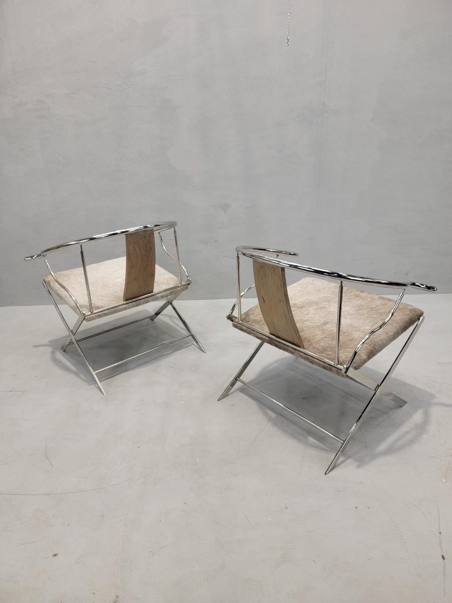 20th Century Vintage Ming Style Horseshoe Back Armchairs Newly Upholstered in Cowhide- Pair