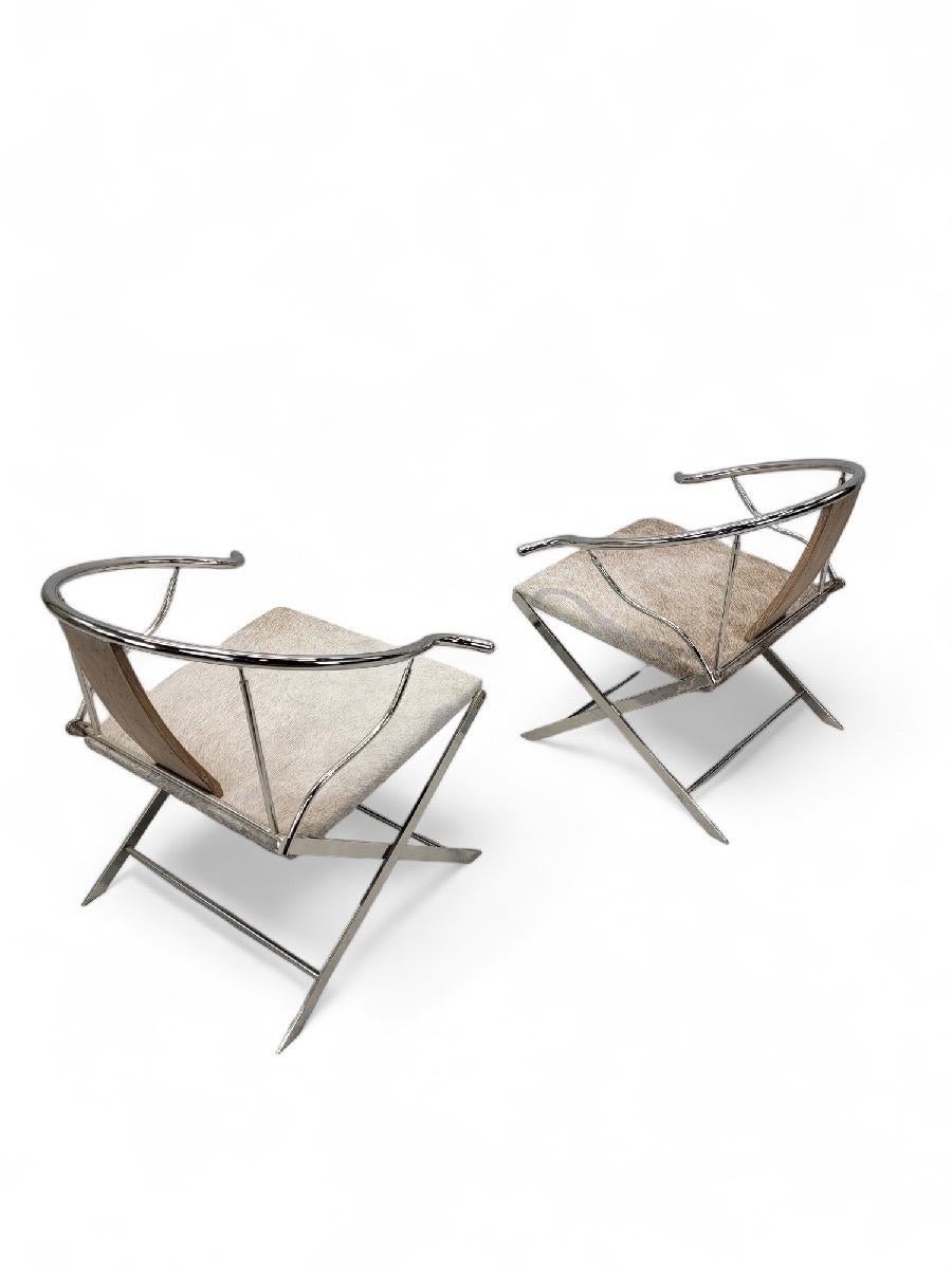 Stainless Steel Vintage Ming Style Horseshoe Back Armchairs Newly Upholstered in Cowhide- Pair