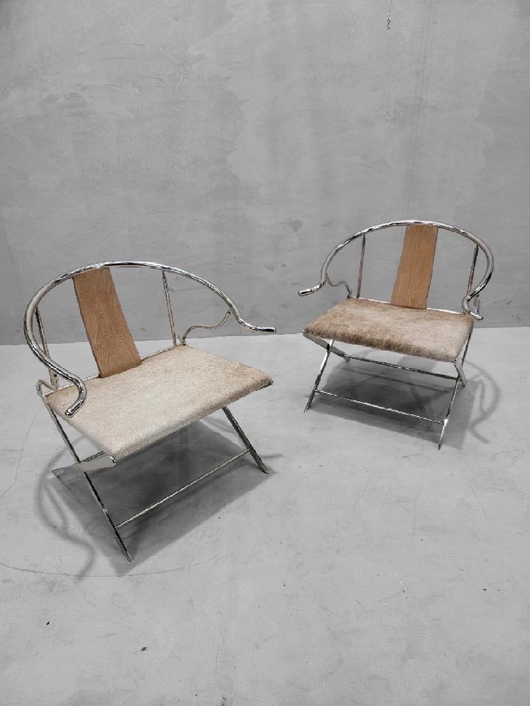 Vintage Ming Style Horseshoe Back Armchairs Newly Upholstered in Cowhide- Pair 1