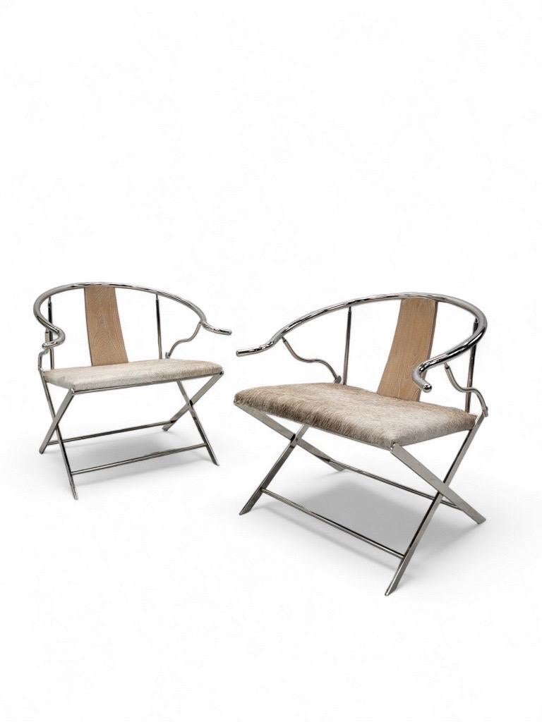 Vintage Ming Style Horseshoe Back Armchairs Newly Upholstered in Cowhide- Pair 2