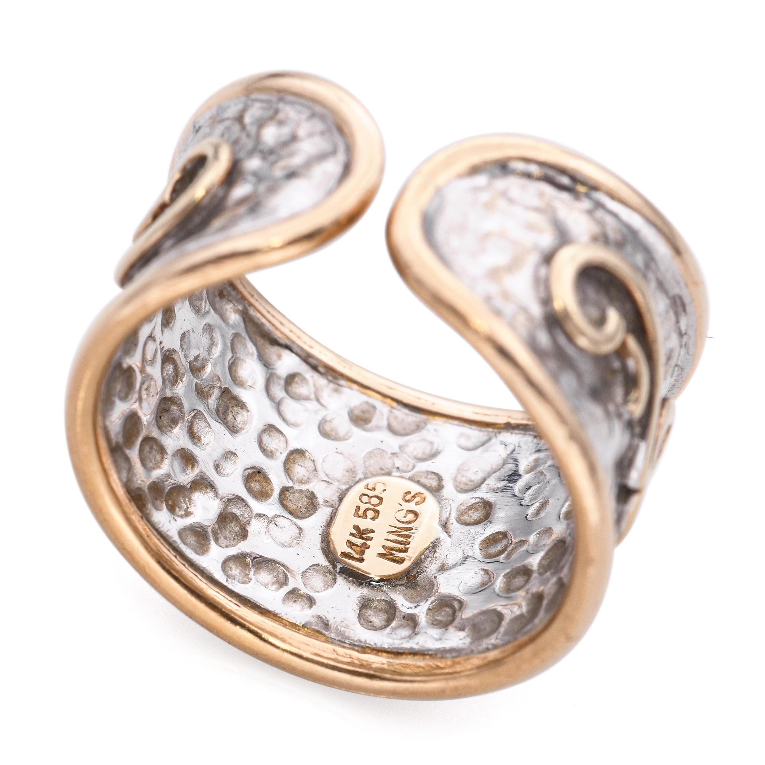 Women's or Men's Vintage Ming's 14k Two-Tone Gold Hammered and Chased Motif Open Band Ring For Sale