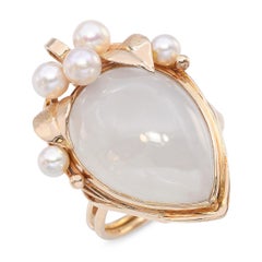 Anillo vintage Ming de oro amarillo de 14k de 7,20 ct y jade perlado