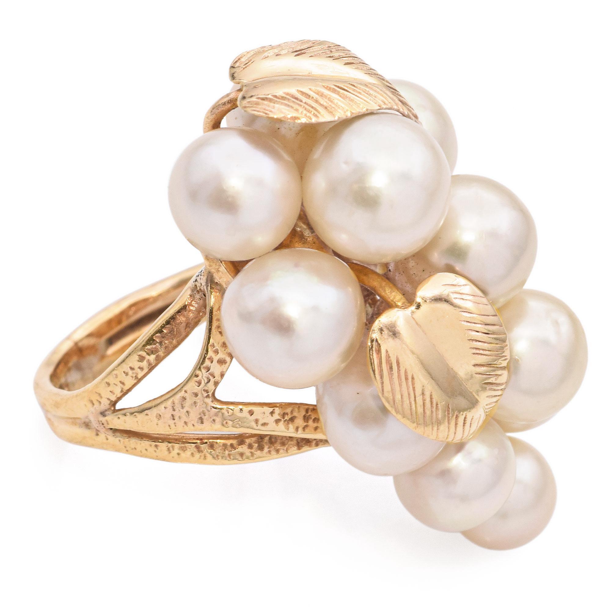 Retro Vintage Ming's 14K Yellow Gold Pearl Grape Cluster Motif Cocktail Ring For Sale