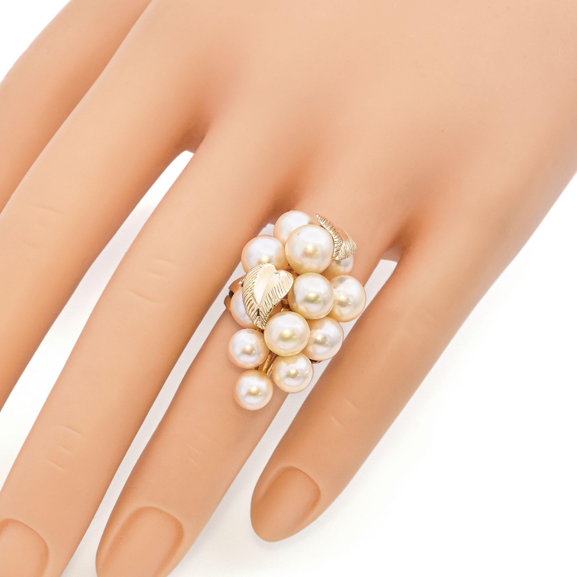 Uncut Vintage Ming's 14K Yellow Gold Pearl Grape Cluster Motif Cocktail Ring For Sale