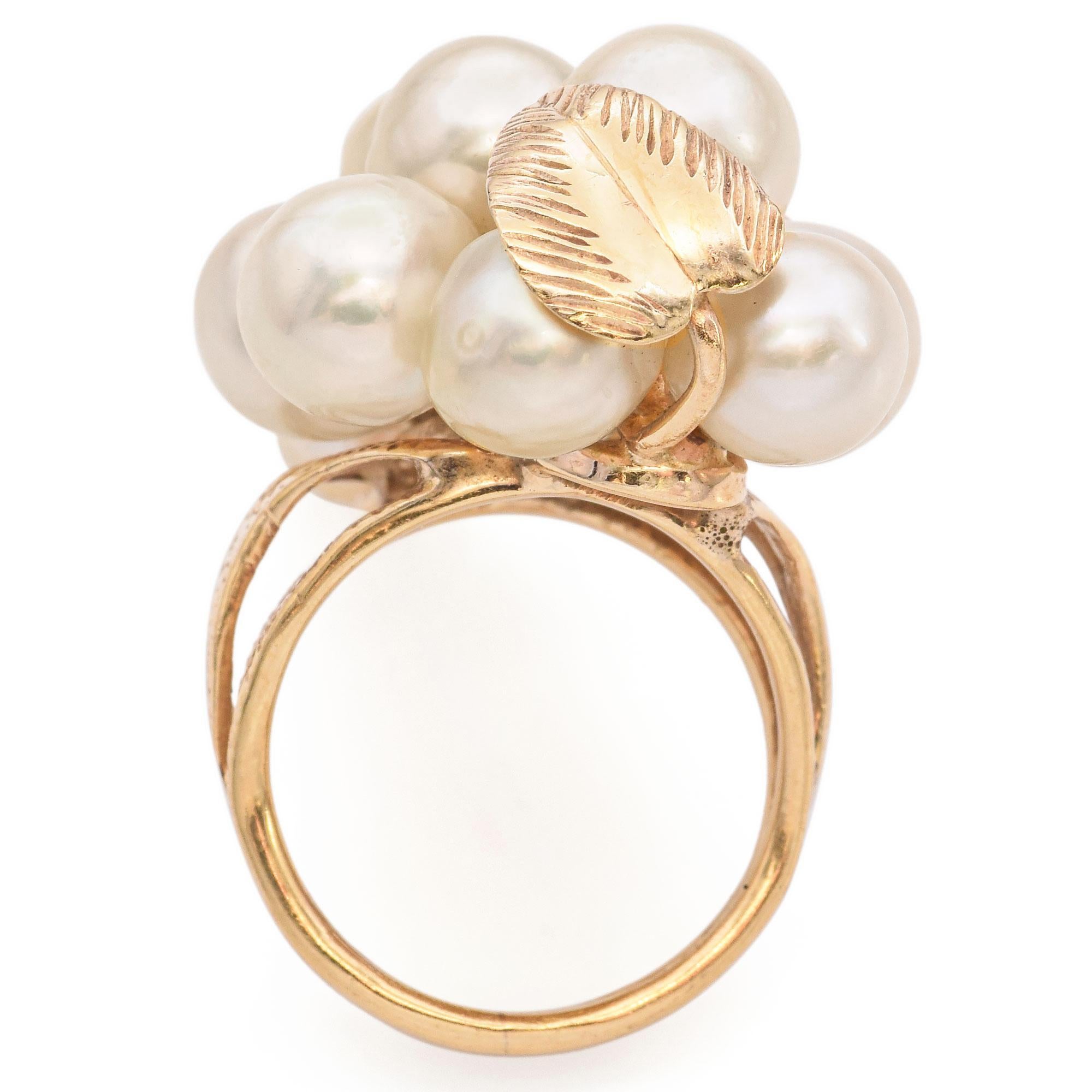 Women's Vintage Ming's 14K Yellow Gold Pearl Grape Cluster Motif Cocktail Ring For Sale