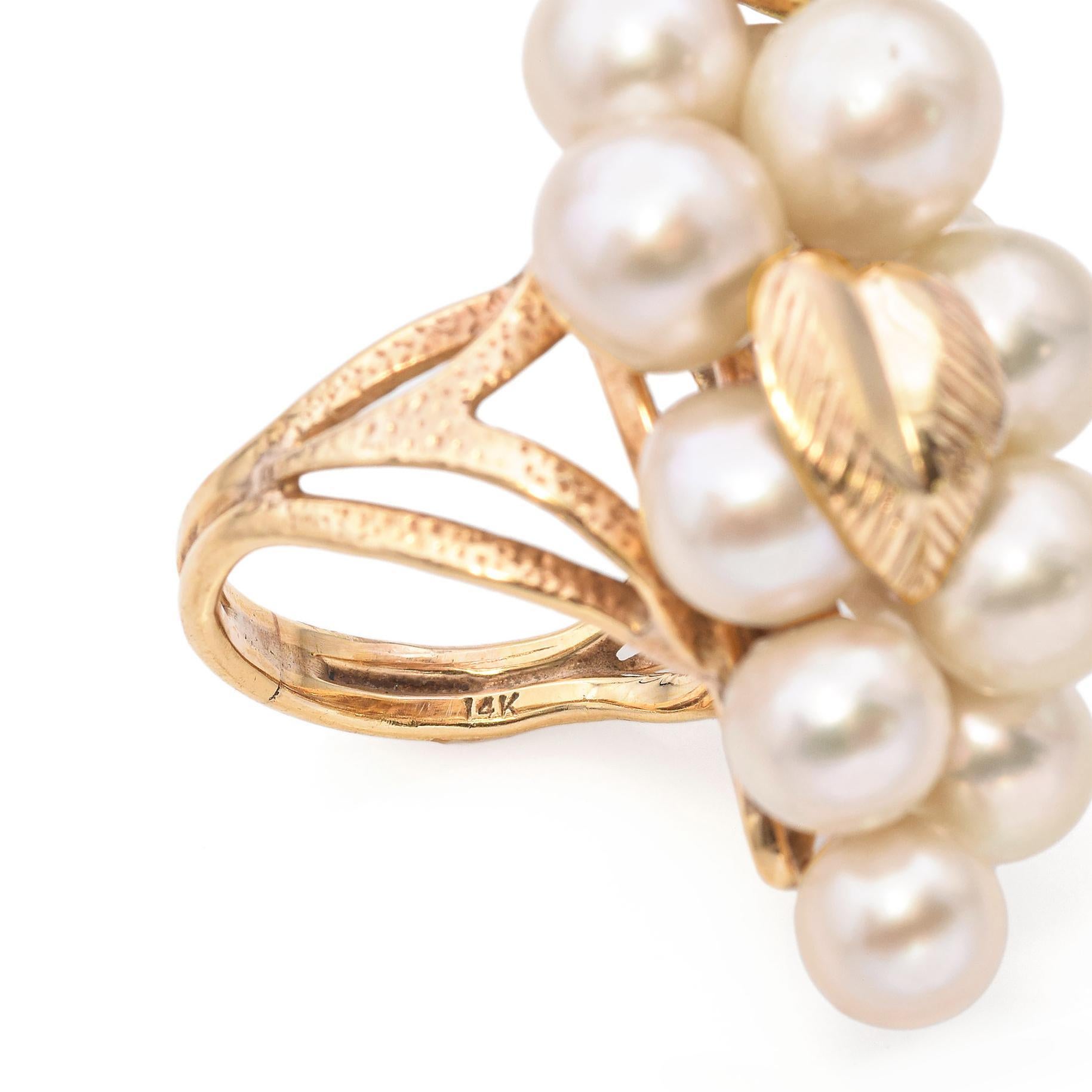 Vintage Ming's 14K Yellow Gold Pearl Grape Cluster Motif Cocktail Ring For Sale 1