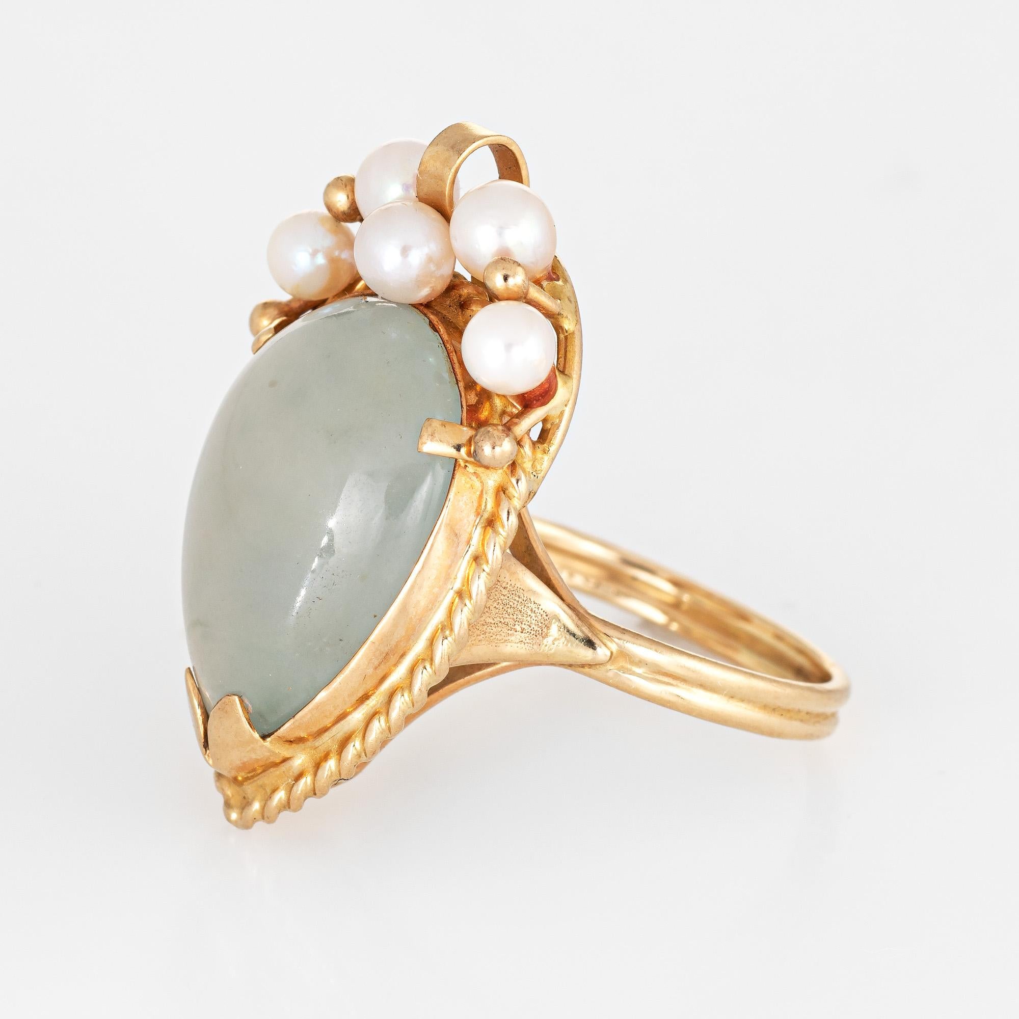 Pear Cut Vintage Ming's Jade Cultured Pearl Ring 14 Karat Yellow Gold Estate Fine Jewelry For Sale