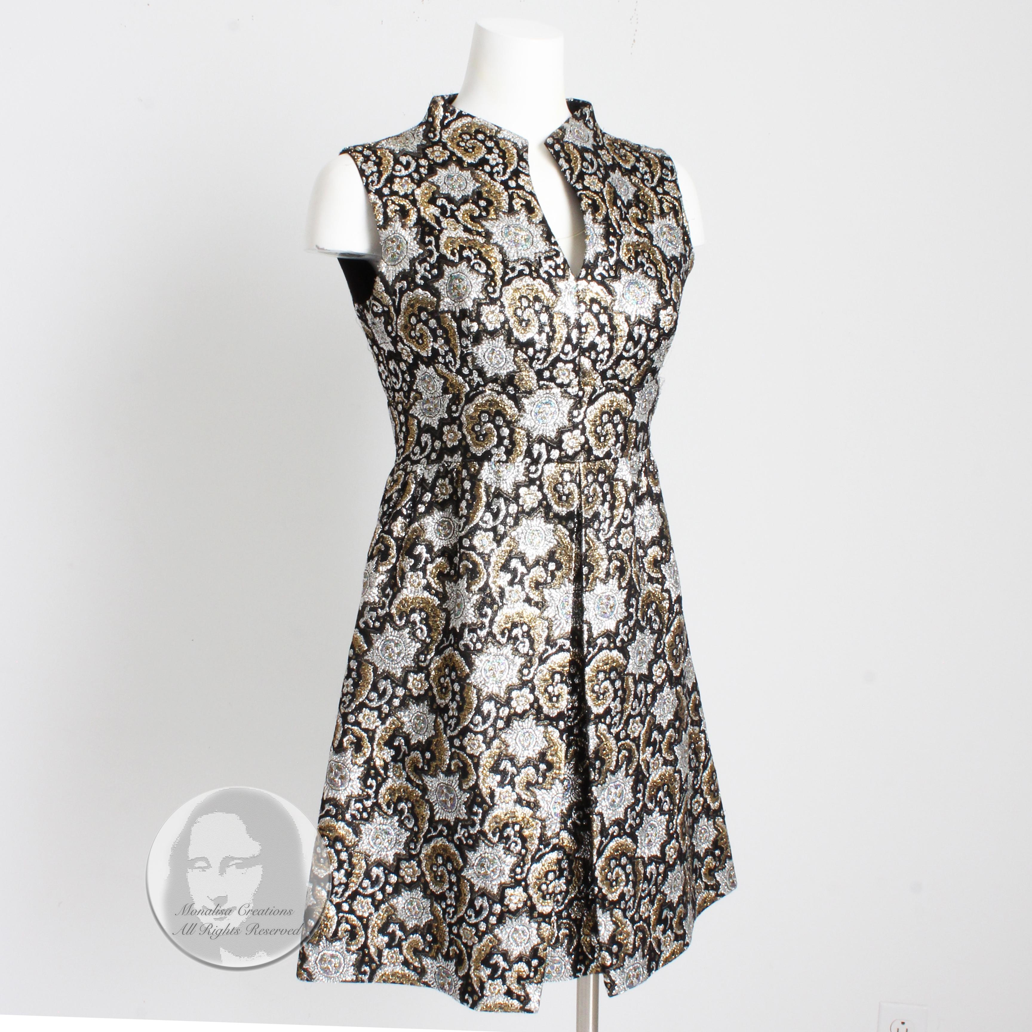 Women's or Men's Vintage Mini Dress Mod Metallic Brocade Retro Box Pleats 1960s Cocktail Dress For Sale