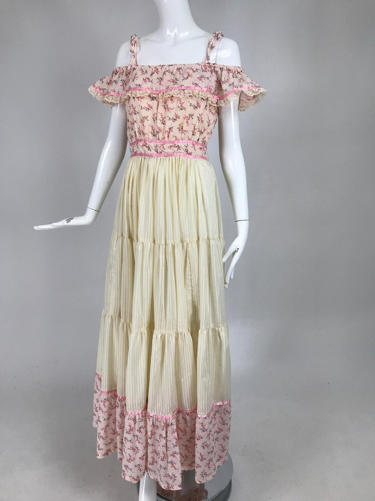 Vintage Bright Yellow Crinkle Maxi Dress Tiered Ruffle A-Line Slip S/M