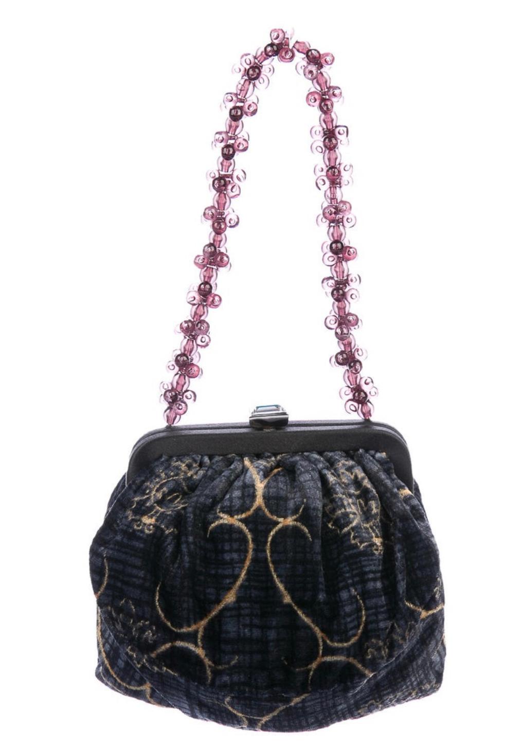 Vintage Mini velvet printed Bottega Veneta evening bag with beaded floral handle. Condition: Excellent.