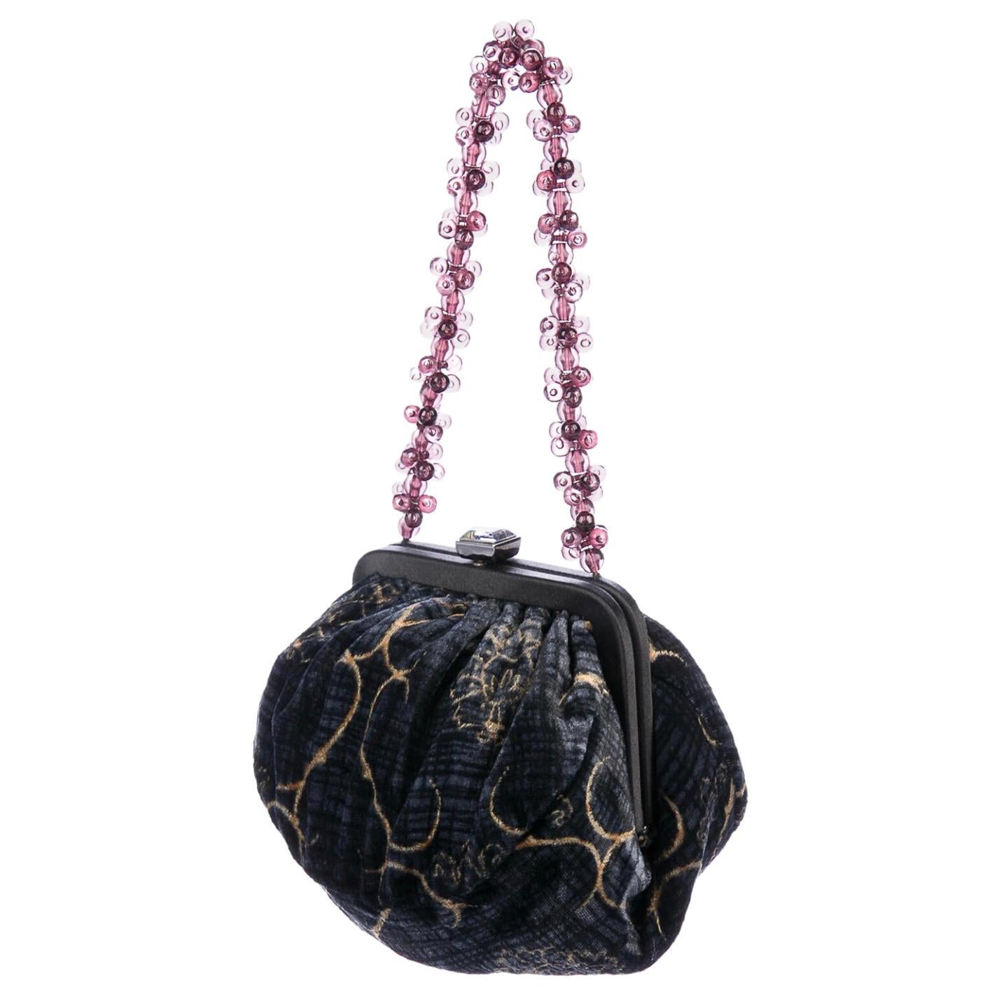 Beaded black evening bag 1960s purse floral design chain strap