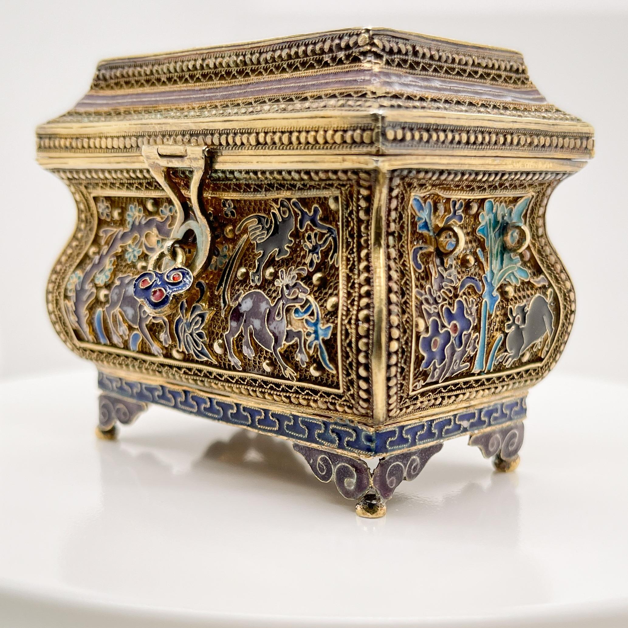 Vintage Miniature Chinese Gilt Silver Filigree & Enamel Box or Treasure Chest 5