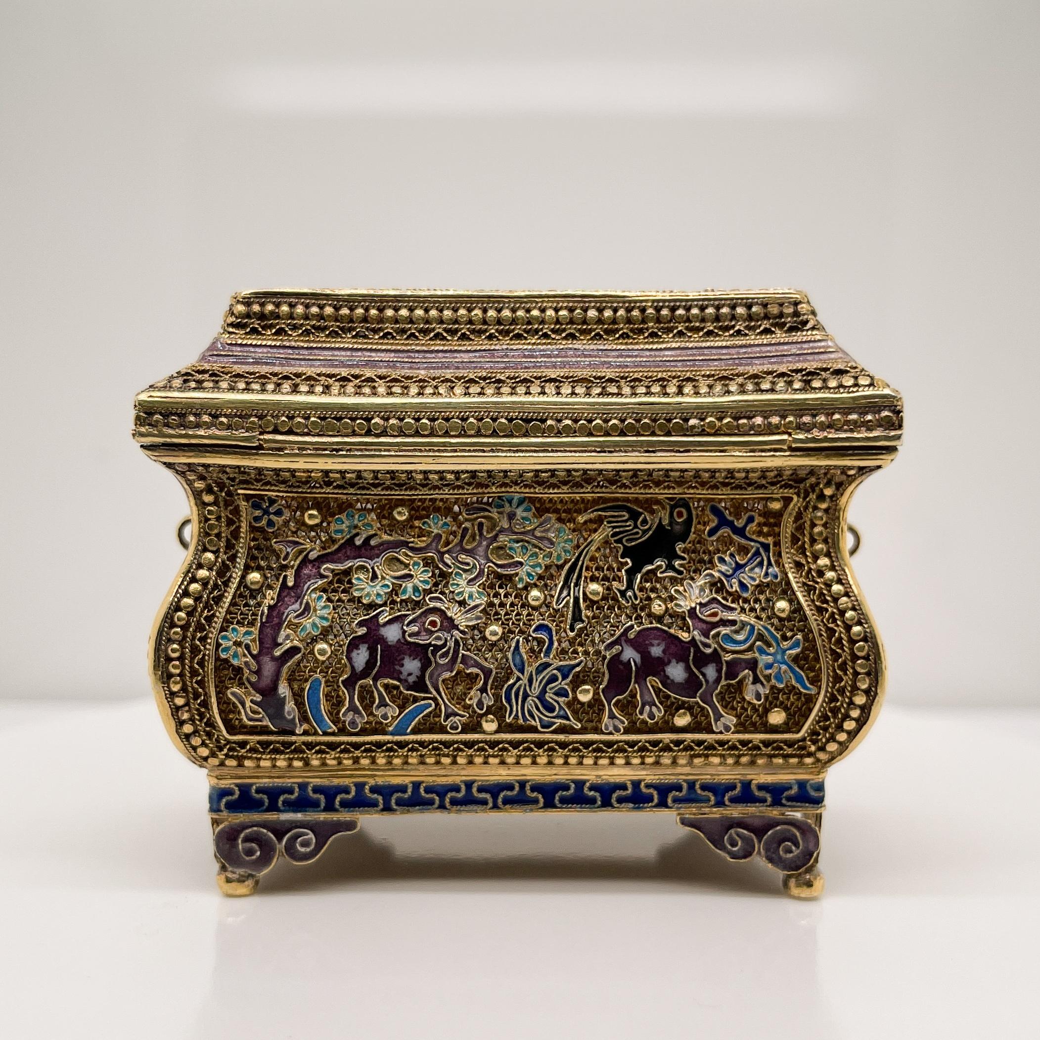 Vintage Miniature Chinese Gilt Silver Filigree & Enamel Box or Treasure Chest In Good Condition In Philadelphia, PA