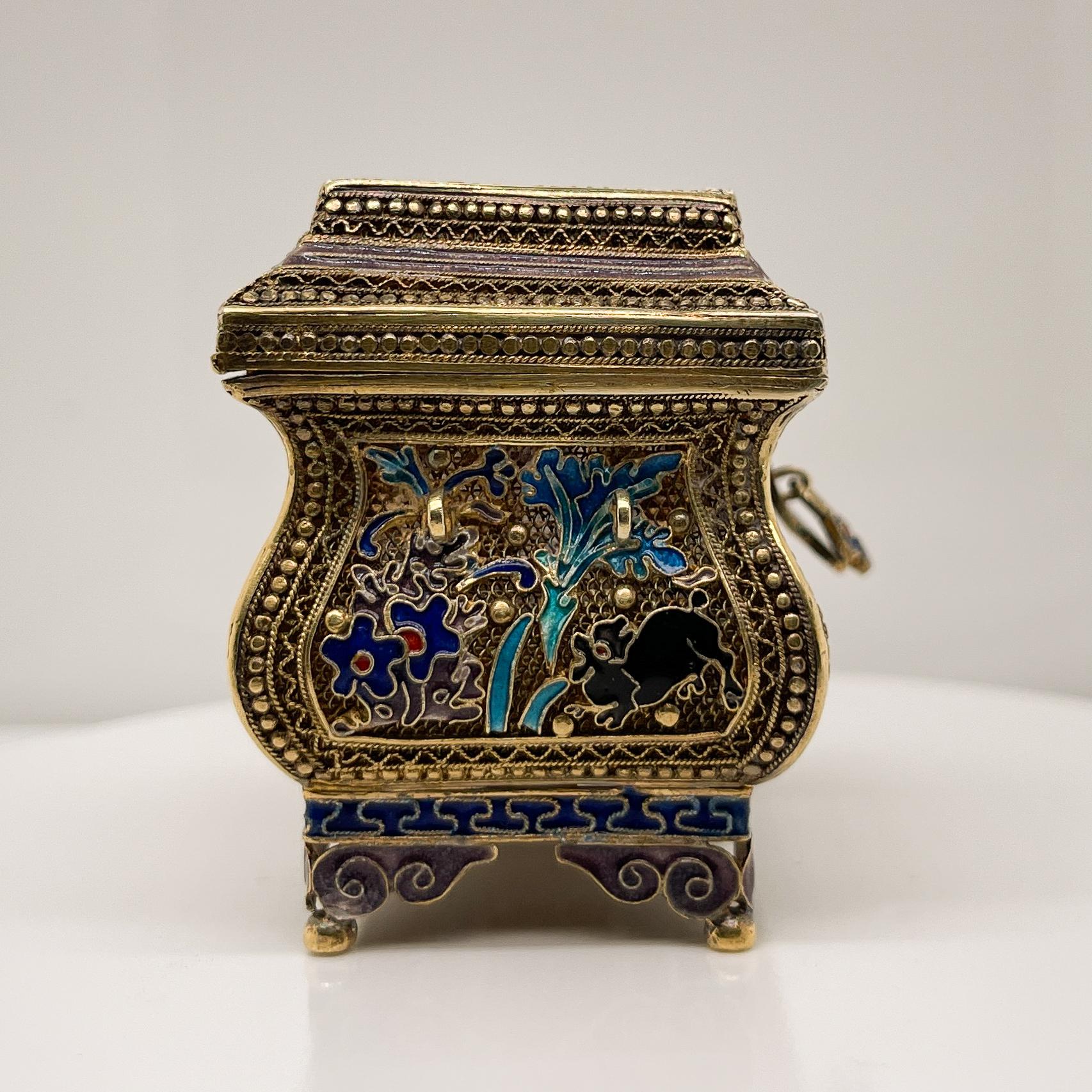 Women's or Men's Vintage Miniature Chinese Gilt Silver Filigree & Enamel Box or Treasure Chest