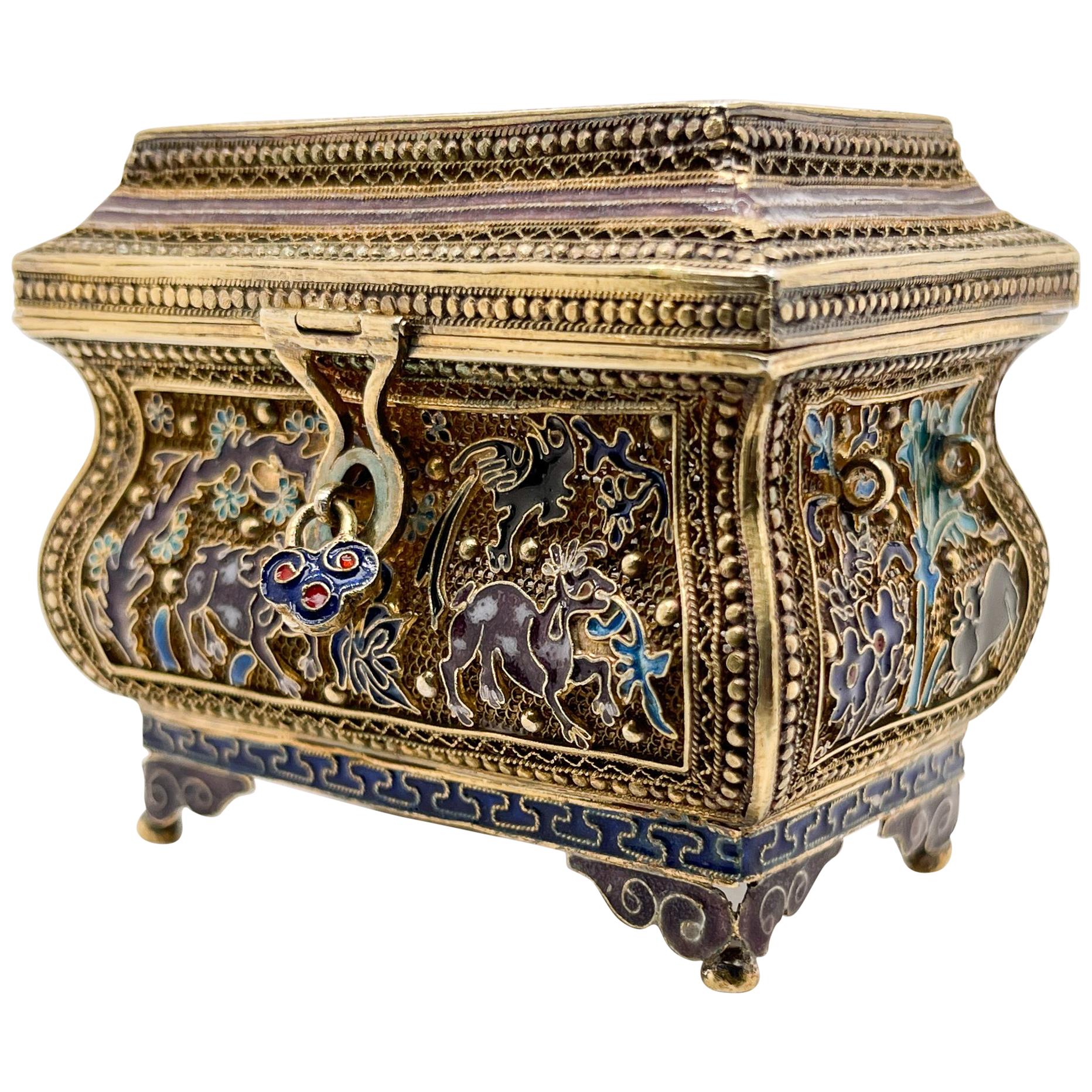 Vintage Miniature Chinese Gilt Silver Filigree and Enamel Box or Treasure  Chest For Sale at 1stDibs