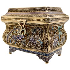 Vintage Miniature Chinese Gilt Silver Filigree & Enamel Box or Treasure Chest