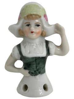 Vintage Miniature Half Doll German Porcelain Dutch Girl, Drip Catcher Pin 1910s