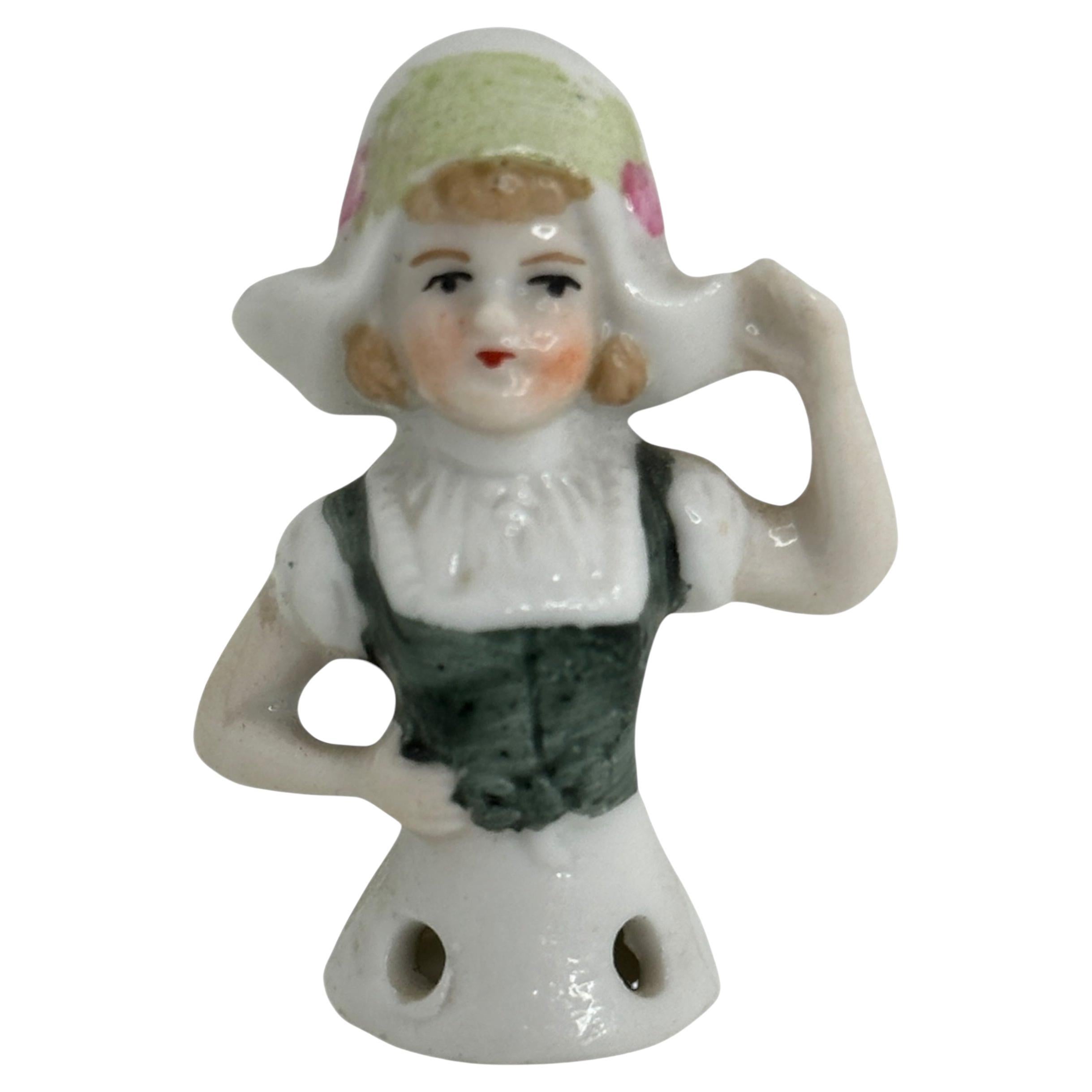 Vintage Miniature Half Doll German Porcelain Dutch Girl, Drip Catcher Pin 1910s