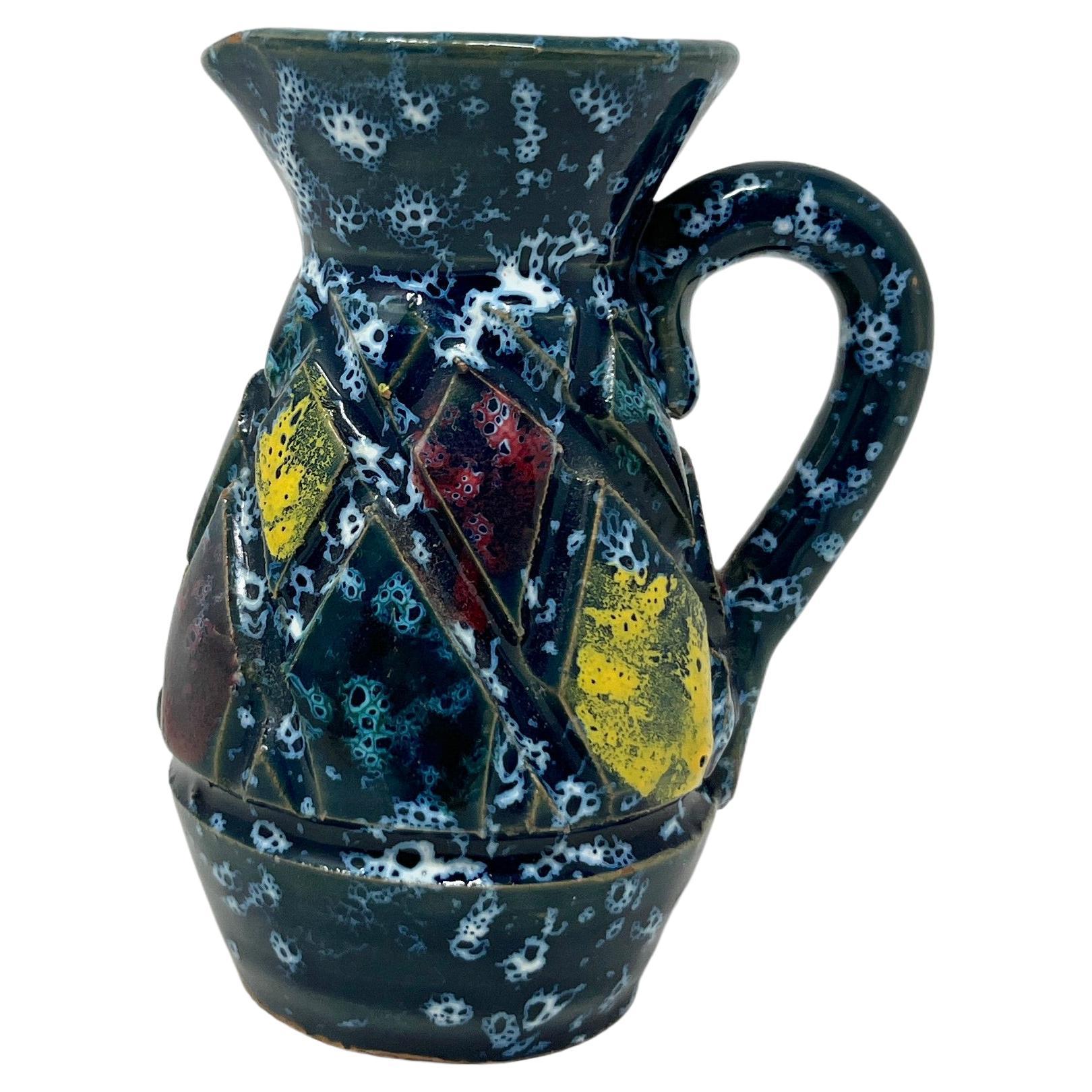 Vintage Miniature Italian Ceramic MCM Pitcher, Midcentury Modern Blue Bud Vase