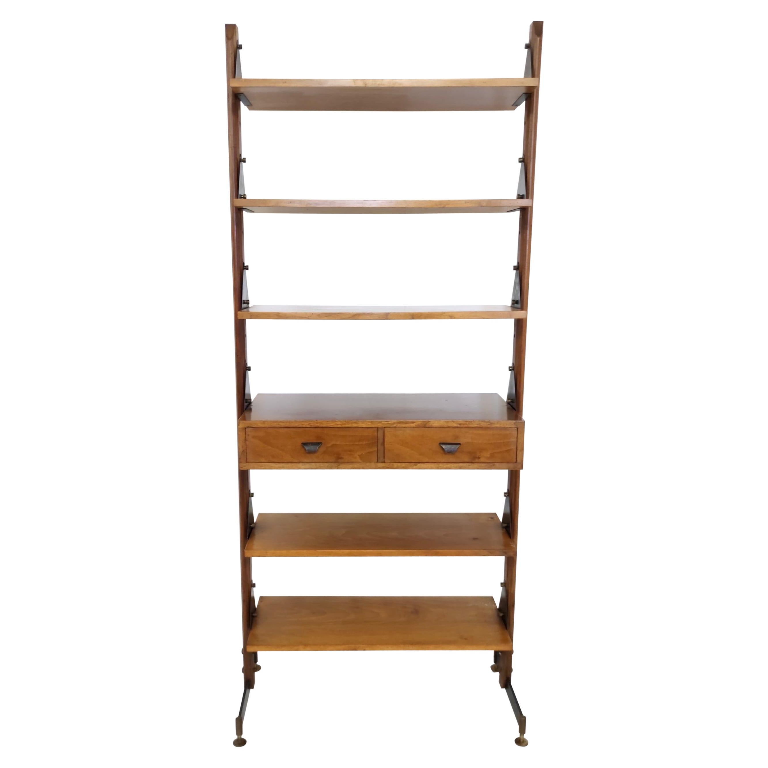 Vintage Minimal Walnut Bookshelf with Brass and Varnished Metal Details, Italy