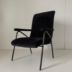 Vintage Minimalist Black Velvet Armchair, Italy, Tubular Design, 1960s