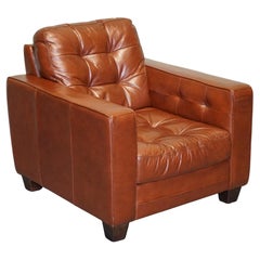 ARMCHAIR MINIMALISTE VINTAGE EN CUIR BRUN BOUTONNÉ