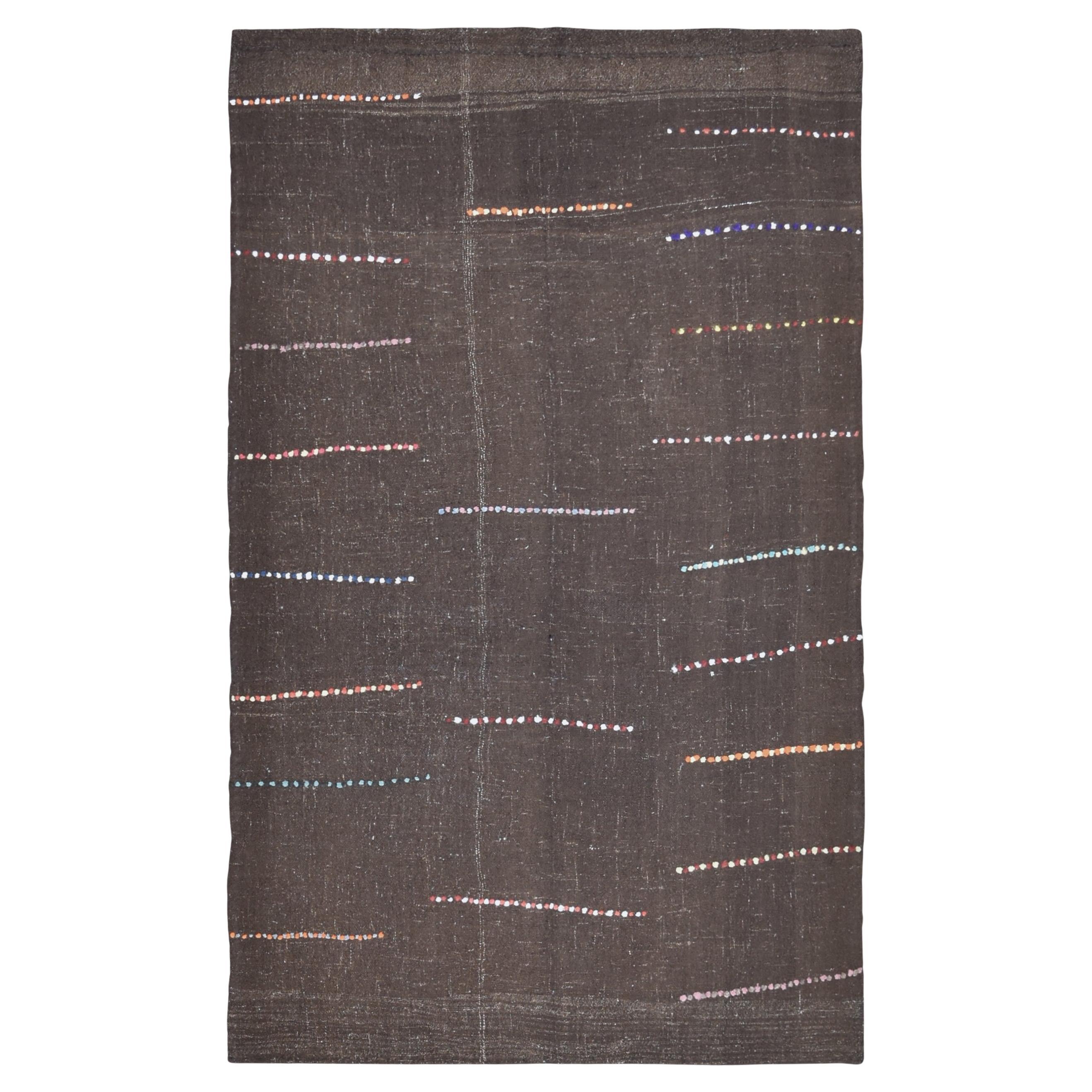 Vintage Minimalist Brown with Color Accents Goat Hair & Wool Kilim 5'7''x9'4''