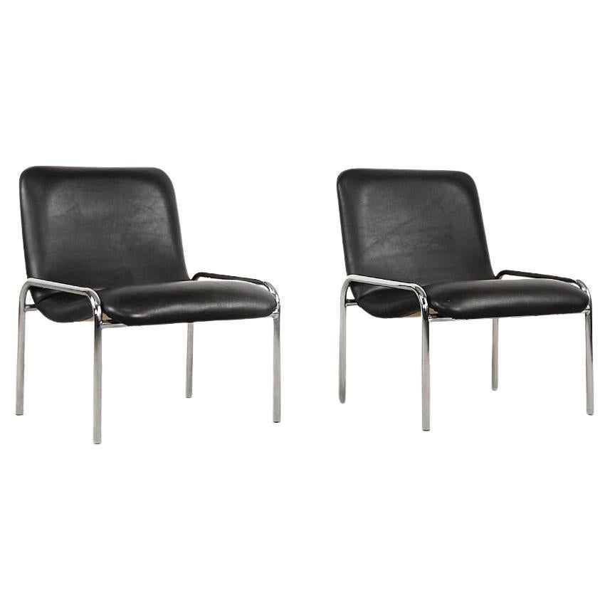 Pair of  Vintage German Minimalist Chrome Black Armchairs from Thonet, 1970s