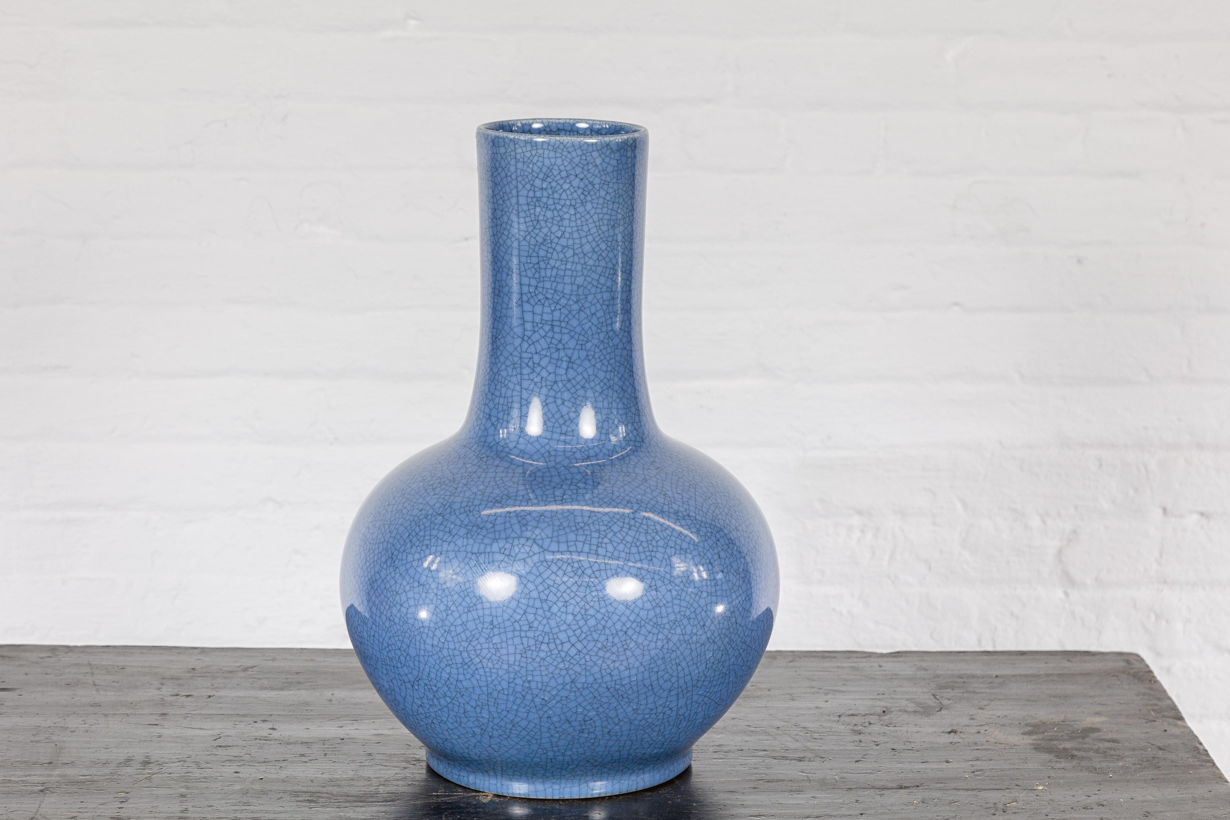 Vintage Minimalist Crackle Blue Vase with Generous Rounded Silhouette For Sale 7