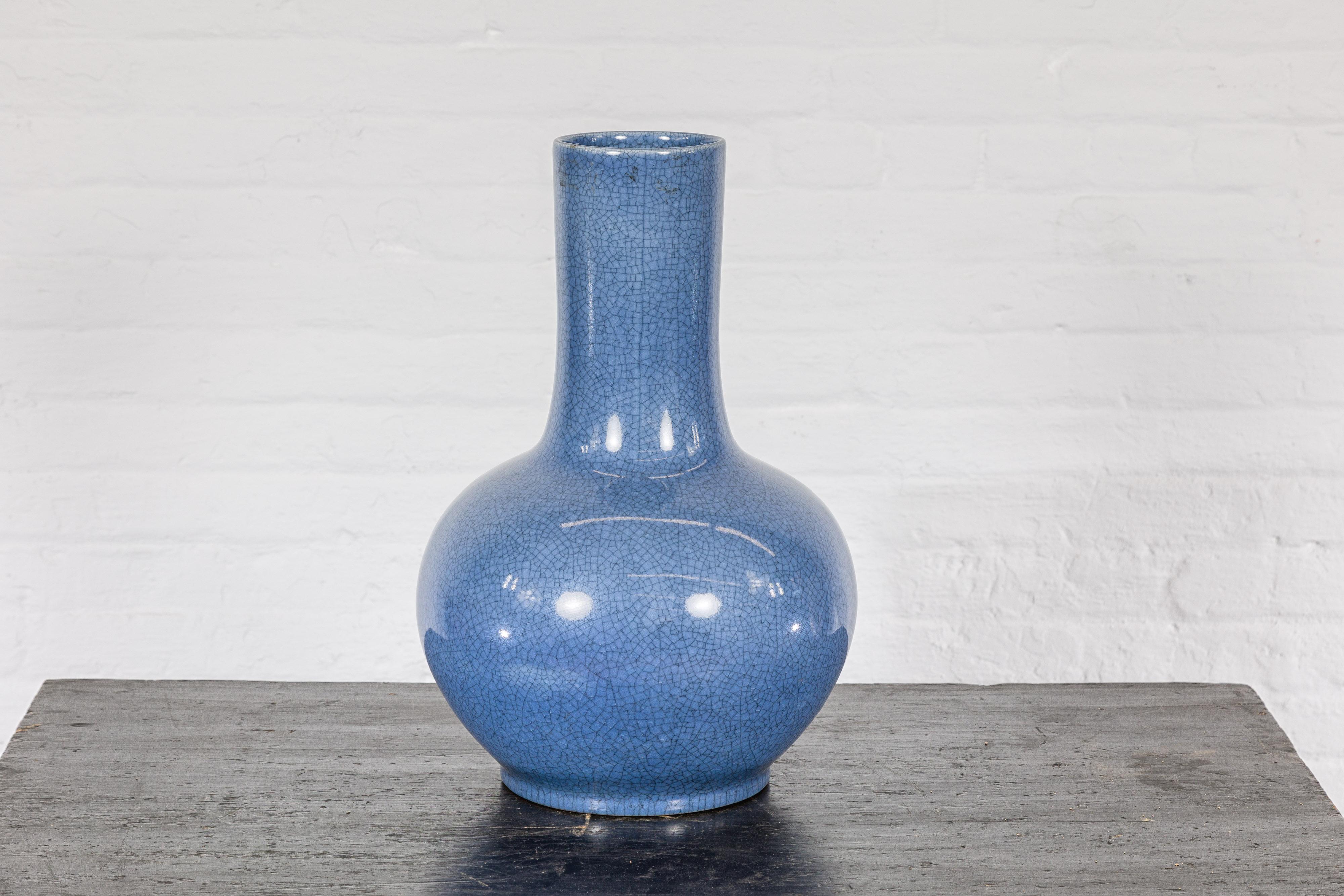 Vintage Minimalist Crackle Blue Vase with Generous Rounded Silhouette For Sale 8