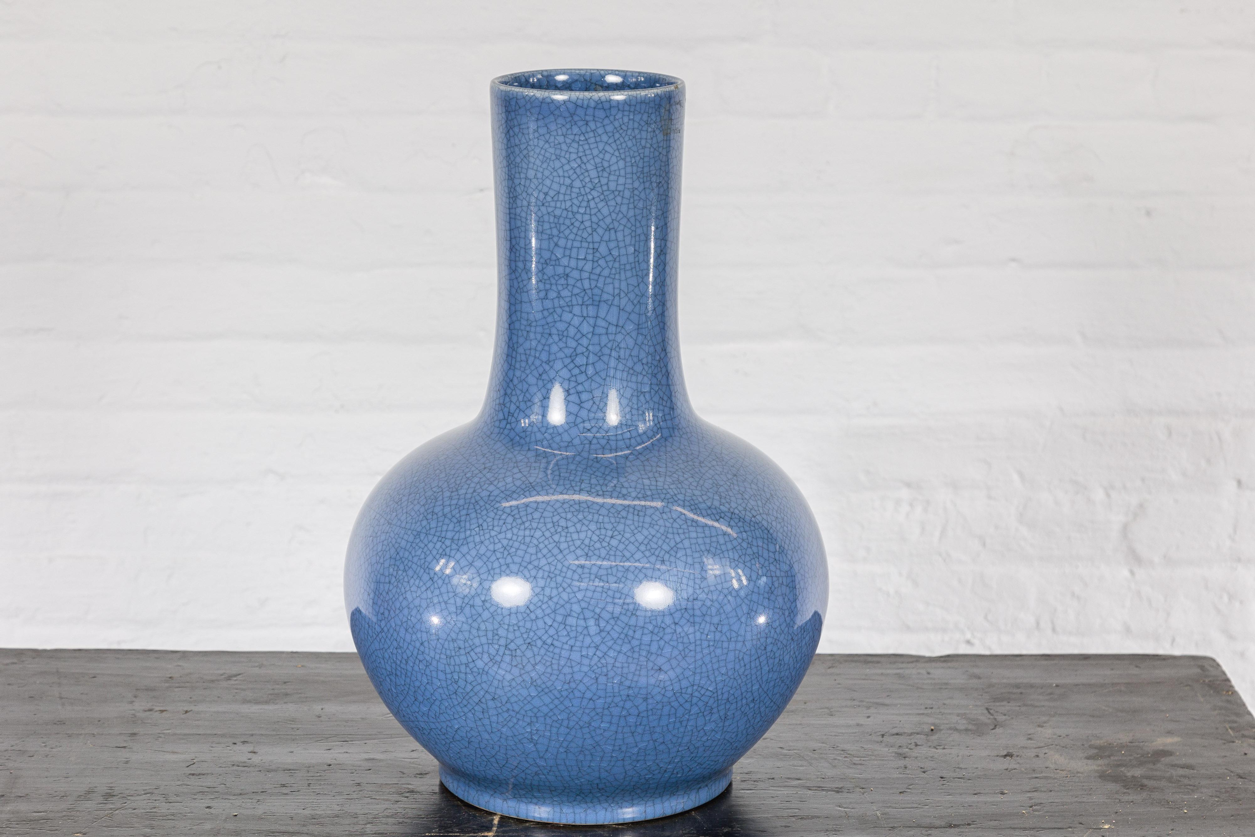 Vintage Minimalist Crackle Blue Vase with Generous Rounded Silhouette For Sale 9