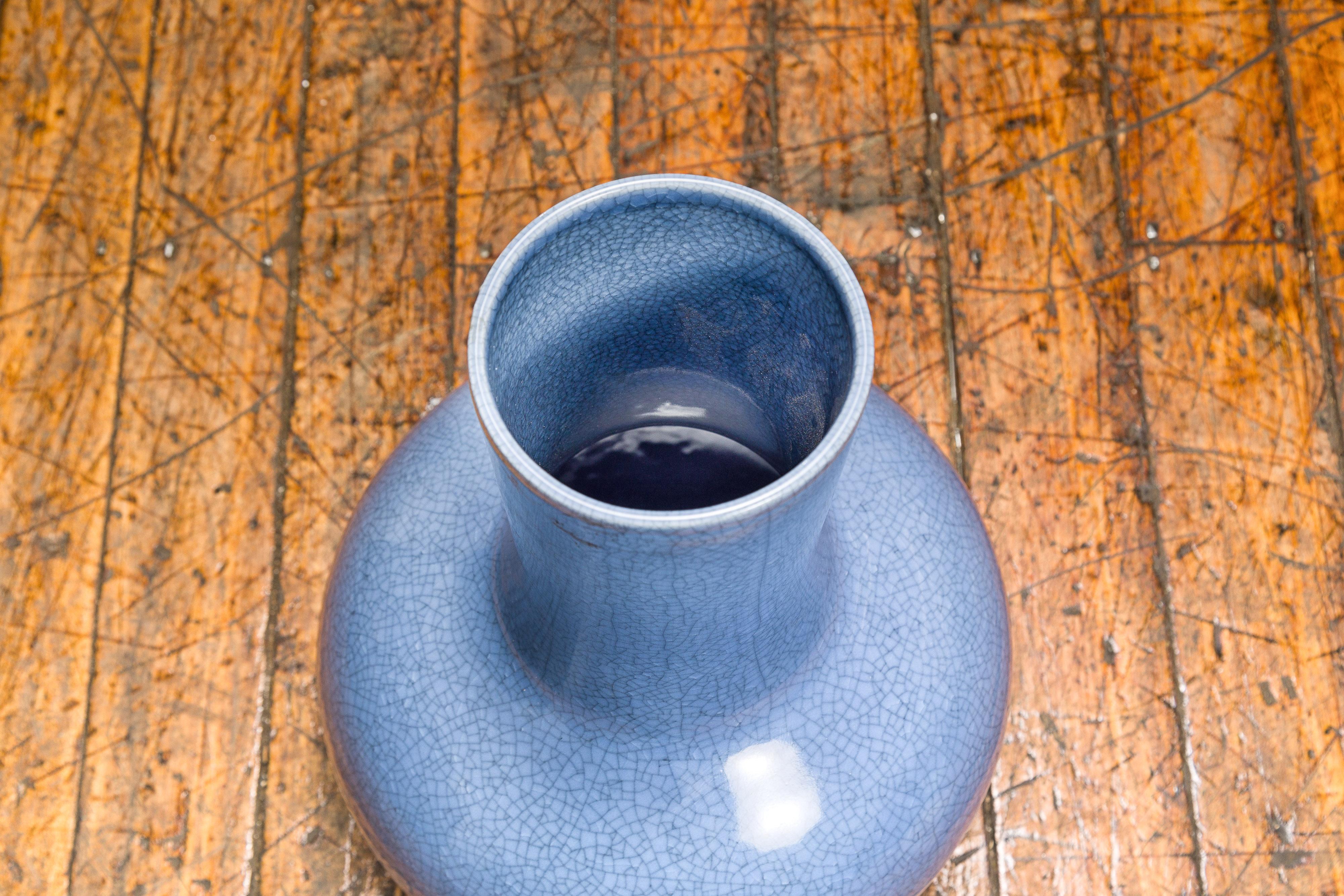 Vintage Minimalist Crackle Blue Vase with Generous Rounded Silhouette For Sale 10