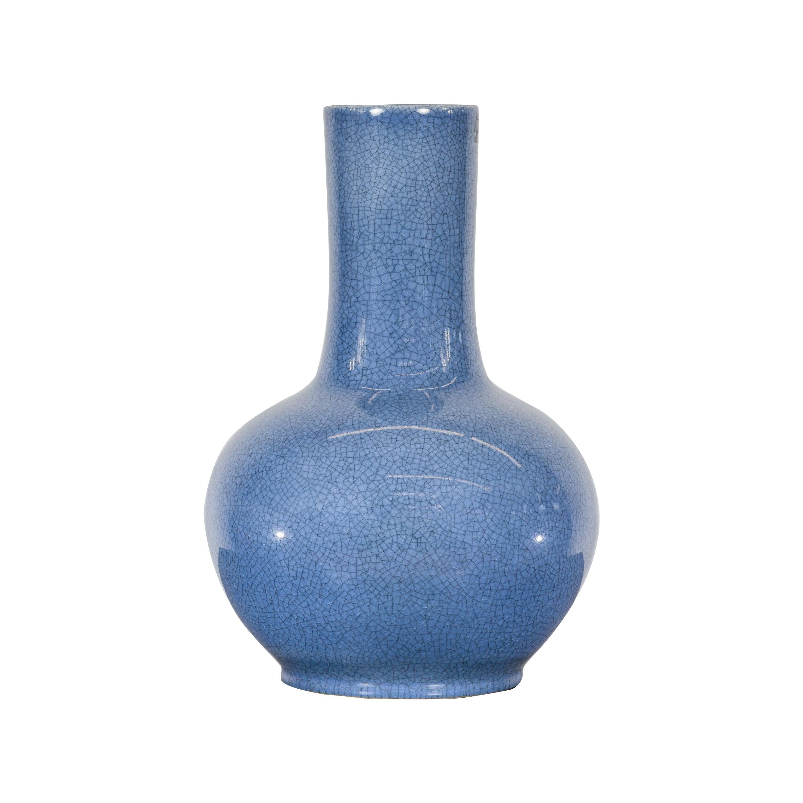 Vintage Minimalist Crackle Blue Vase with Generous Rounded Silhouette For Sale 12