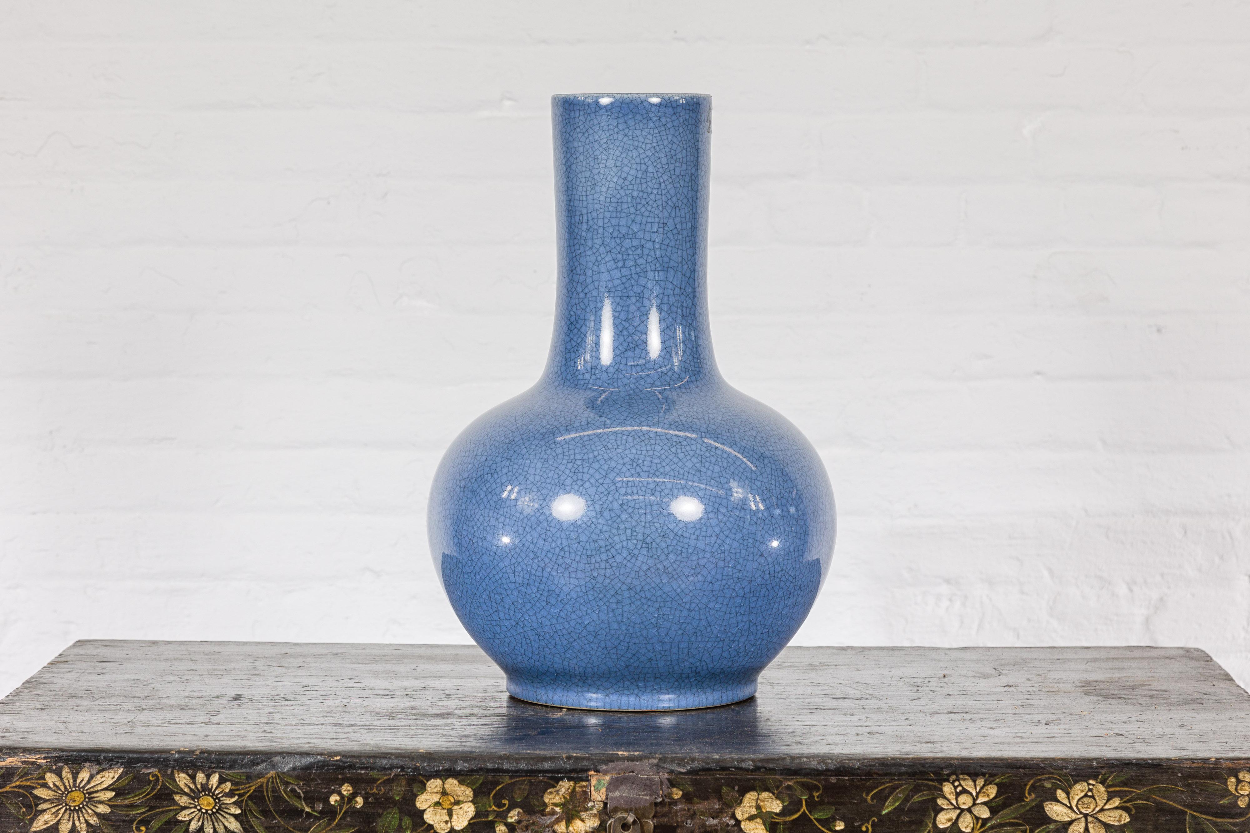 Glazed Vintage Minimalist Crackle Blue Vase with Generous Rounded Silhouette For Sale