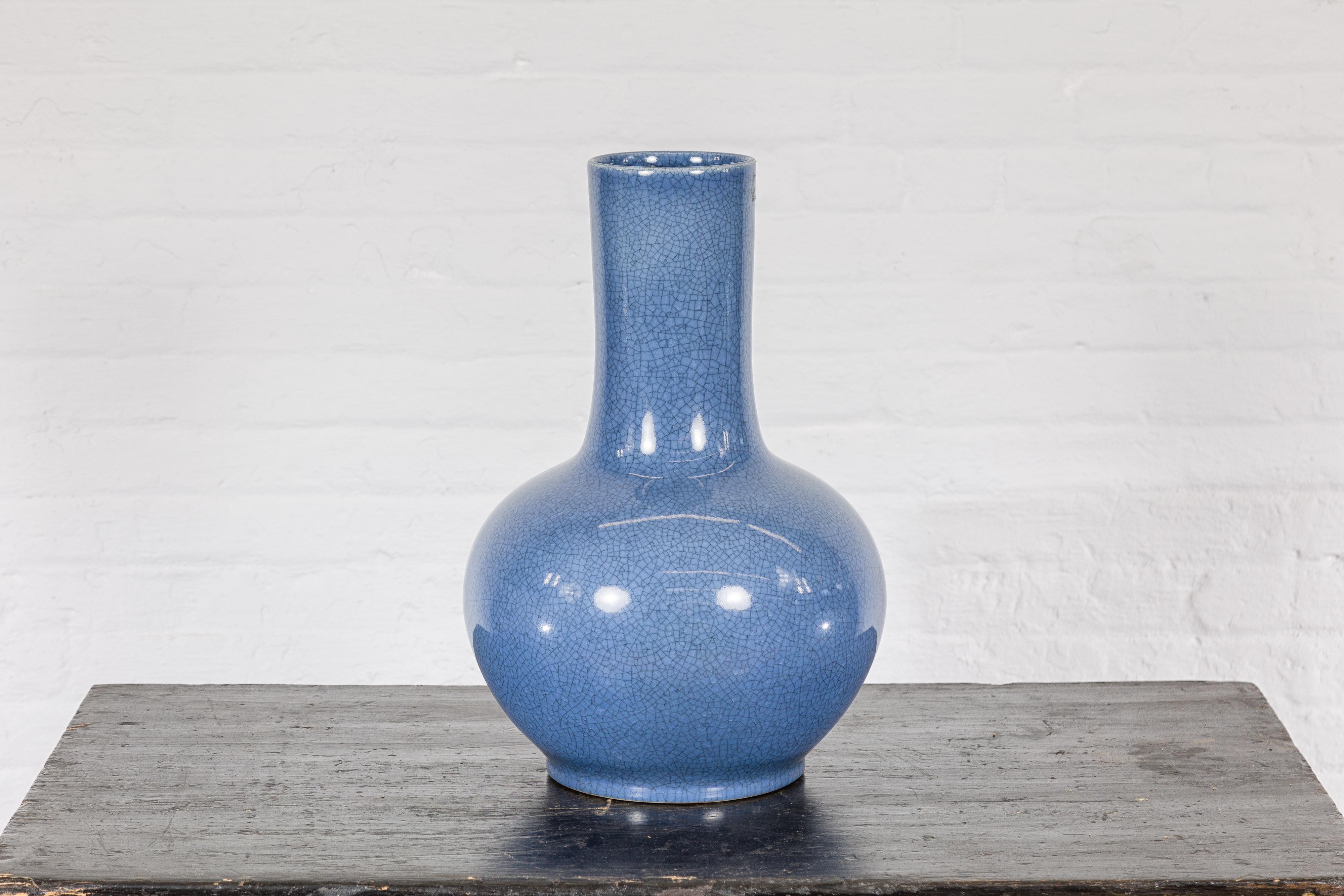 Vintage Minimalist Crackle Blue Vase with Generous Rounded Silhouette In Good Condition For Sale In Yonkers, NY