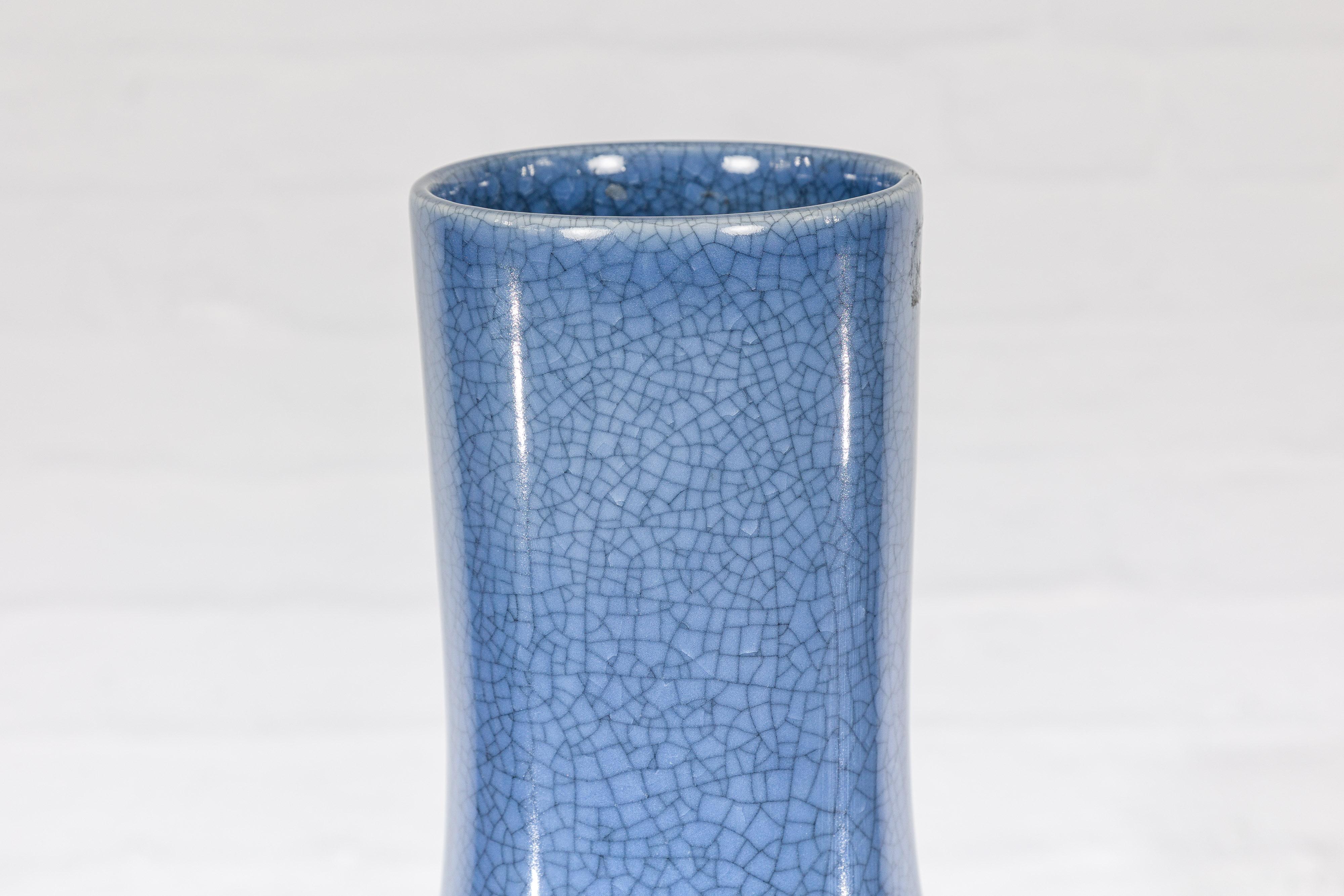 20th Century Vintage Minimalist Crackle Blue Vase with Generous Rounded Silhouette For Sale