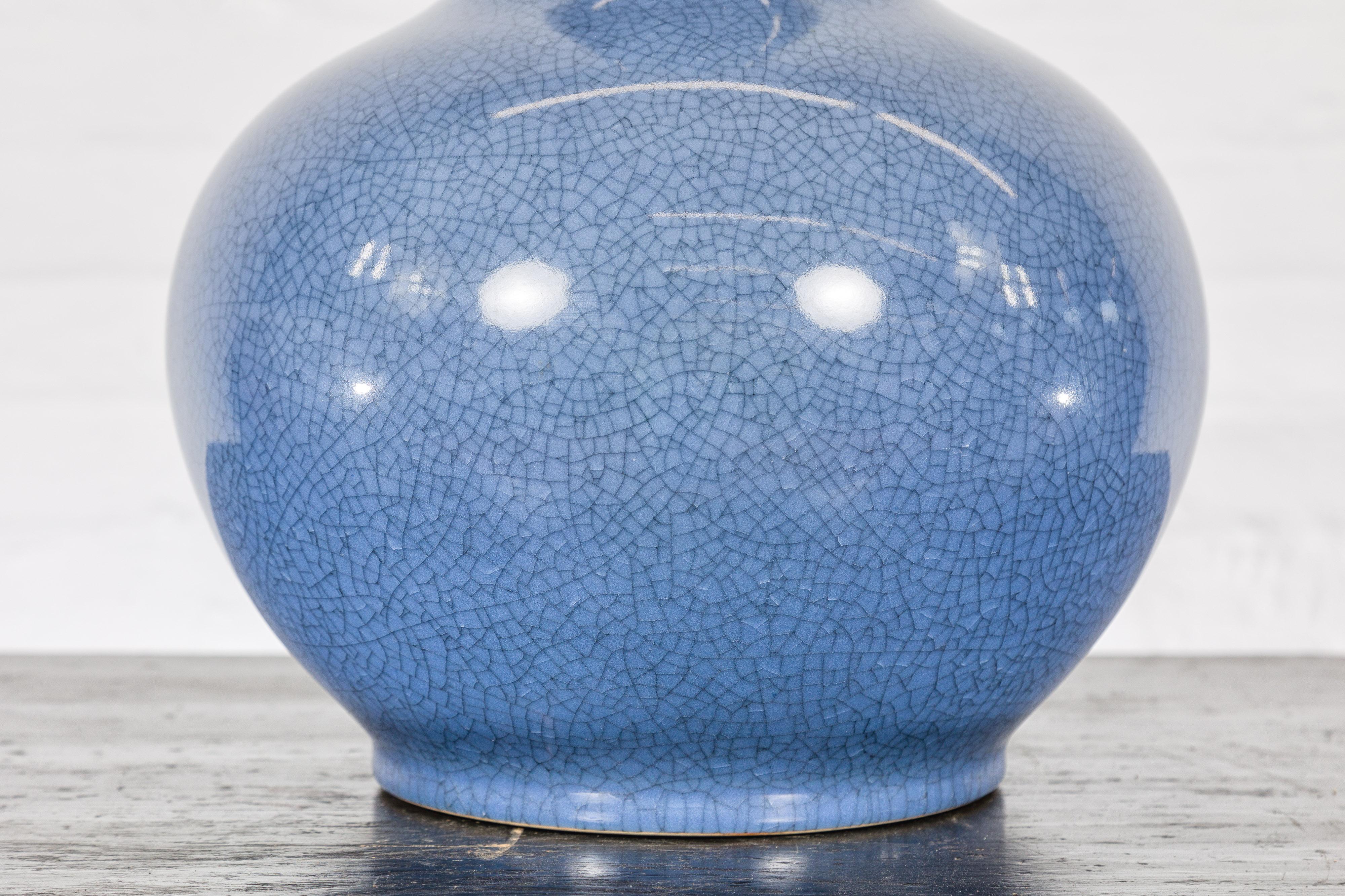 Vintage Minimalist Crackle Blue Vase with Generous Rounded Silhouette For Sale 2
