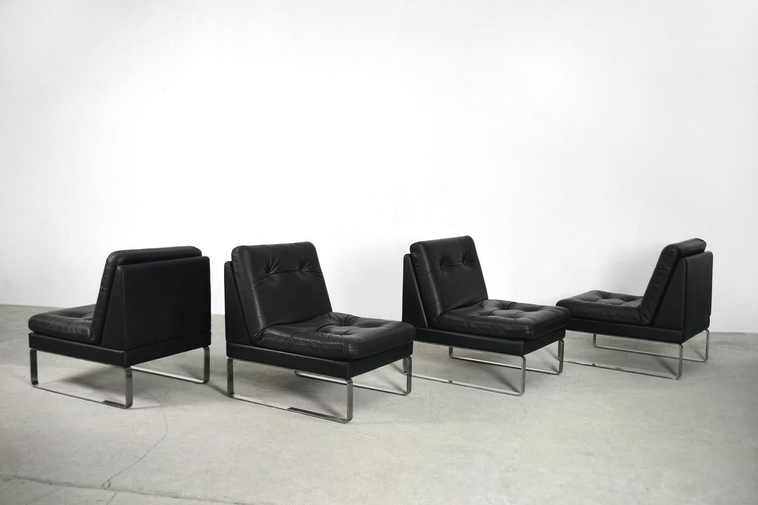 Vintage Minimalist German Black Leather & Chrome Modular Sofa from Klöber For Sale 12